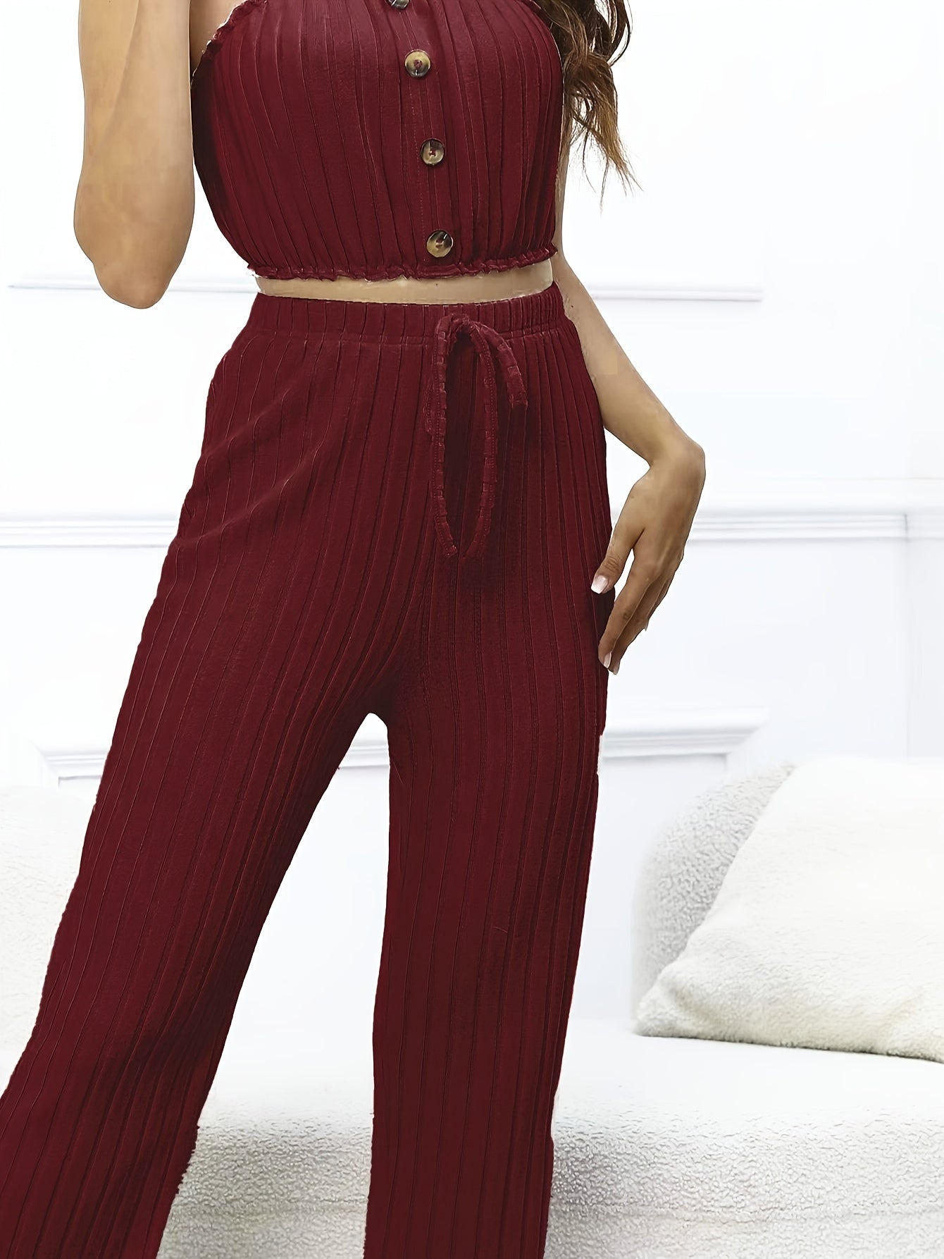 Solid Ribbed Lounge Set, Ruffle Cami Top & Elastic Waistband Pants,