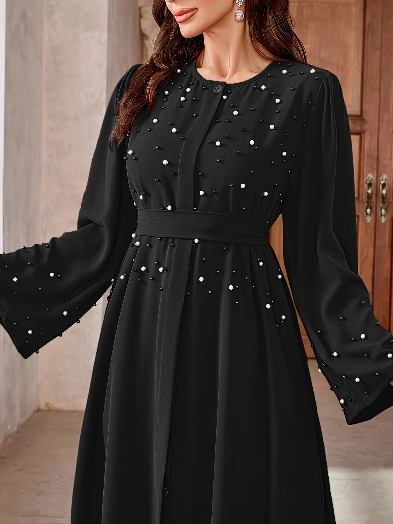 Elegant Pearl Embellished Burgundy Abaya./MH