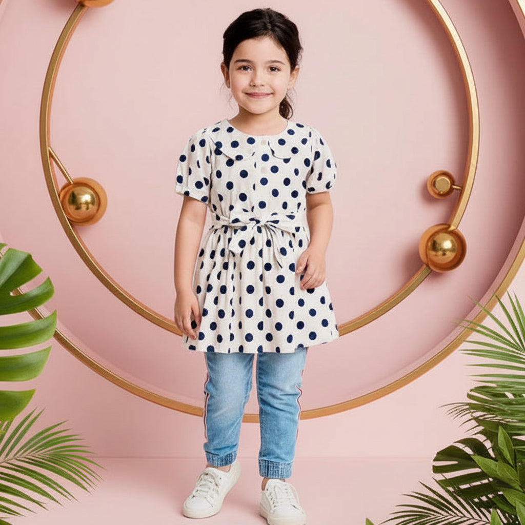 Girls' Polka Dot Tunic Top – Short Sleeve Tie-Waist Blouse (Ages 2-12) I MH