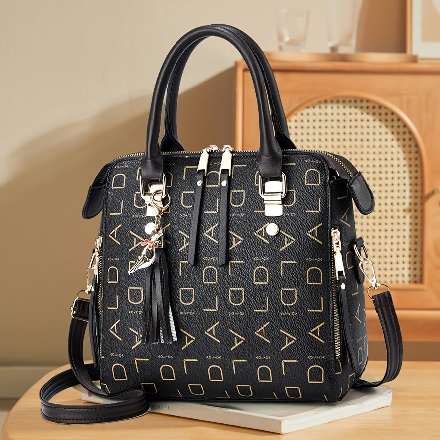Letter Print Handbag, Tassel Decor Square Crossbody Bag,