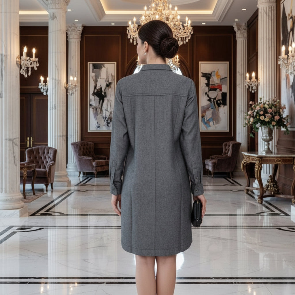 Premium Grey Herringbone Tweed Midi Shirt Dress Women– Long Sleeve Button-Down with Elastic Waist (S-XL) | MH