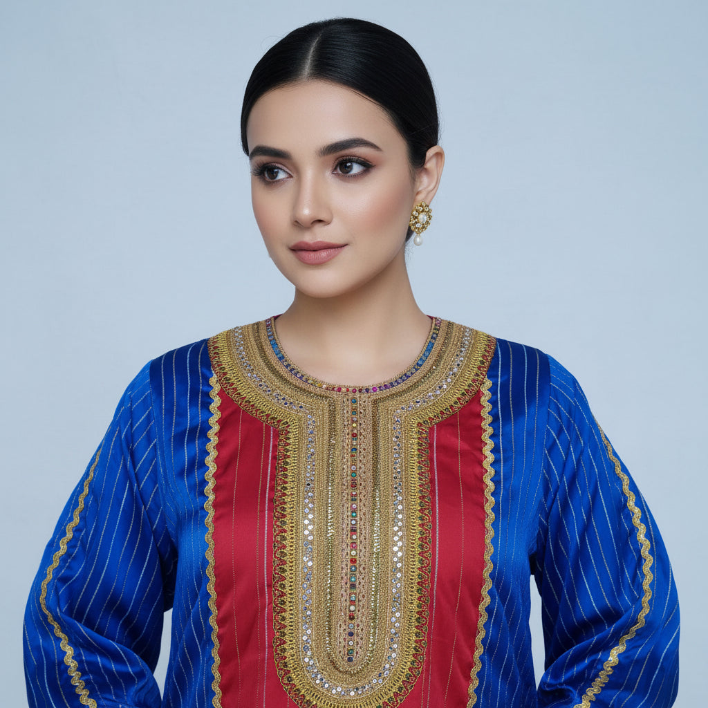 Women’s Blue Red Green Salwar Kameez Oman Traditional Suit | Sizes 40,44 | MH