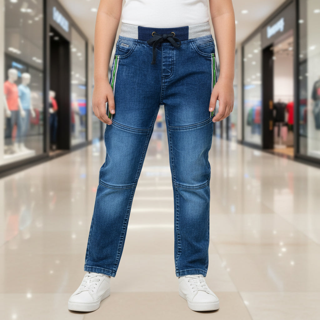 Boys Blue Denim Jogger Jeans 7-12 Years - Casual Drawstring Denim Pants with Side Stripes | MH