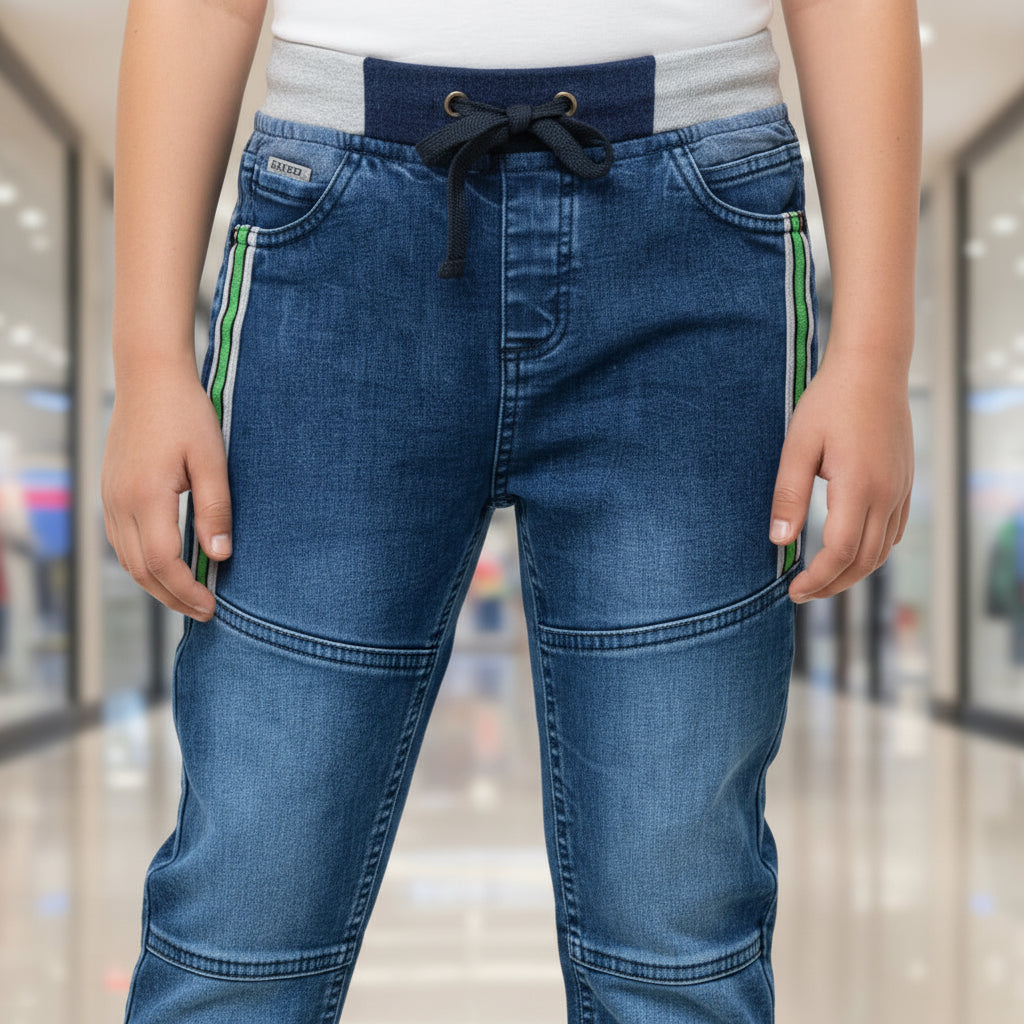 Boys Blue Denim Jogger Jeans 7-12 Years - Casual Drawstring Denim Pants with Side Stripes | MH
