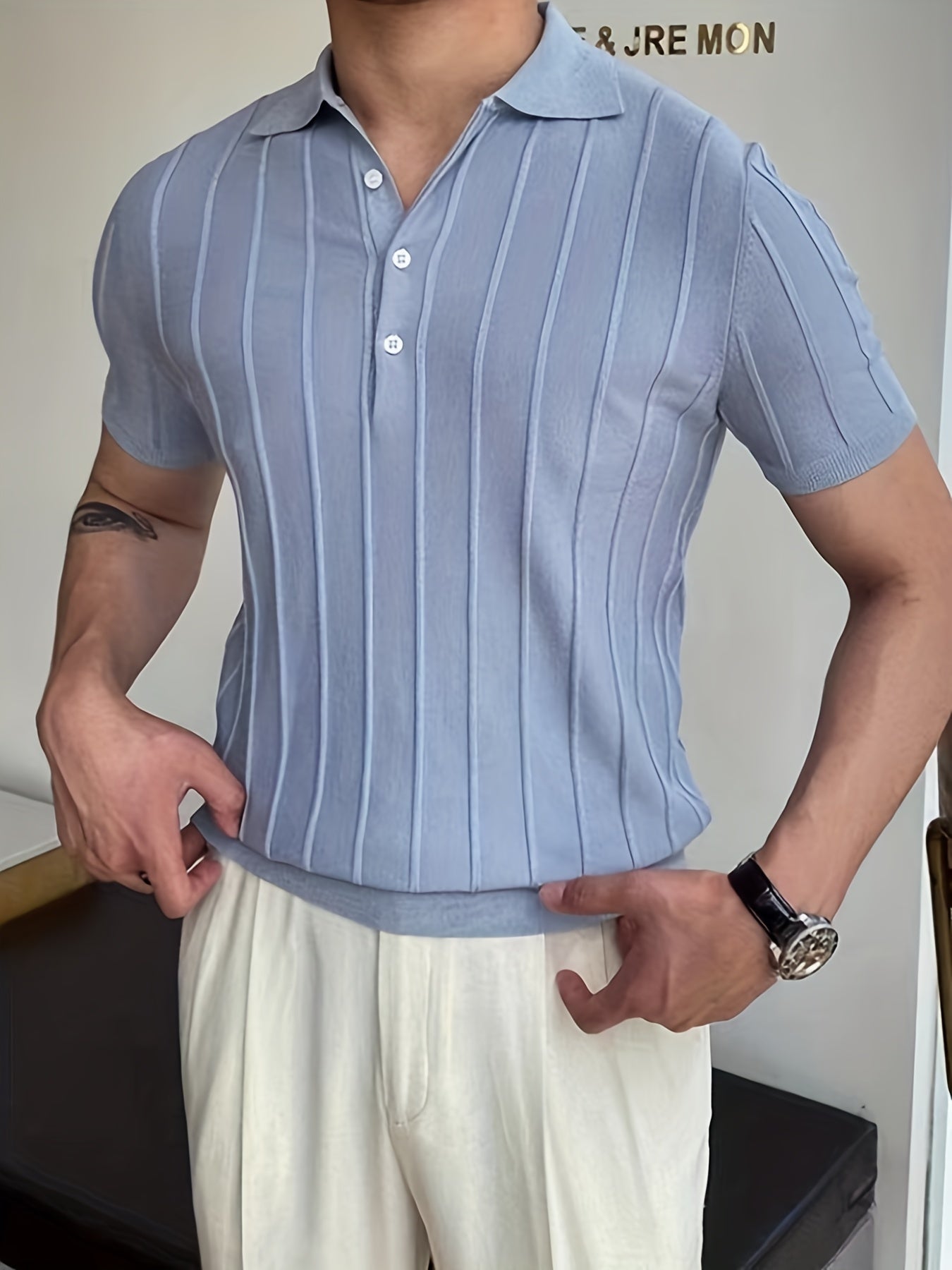 Vertical Striped Chic Shirt, Men's Casual Solid Color High Stretch .