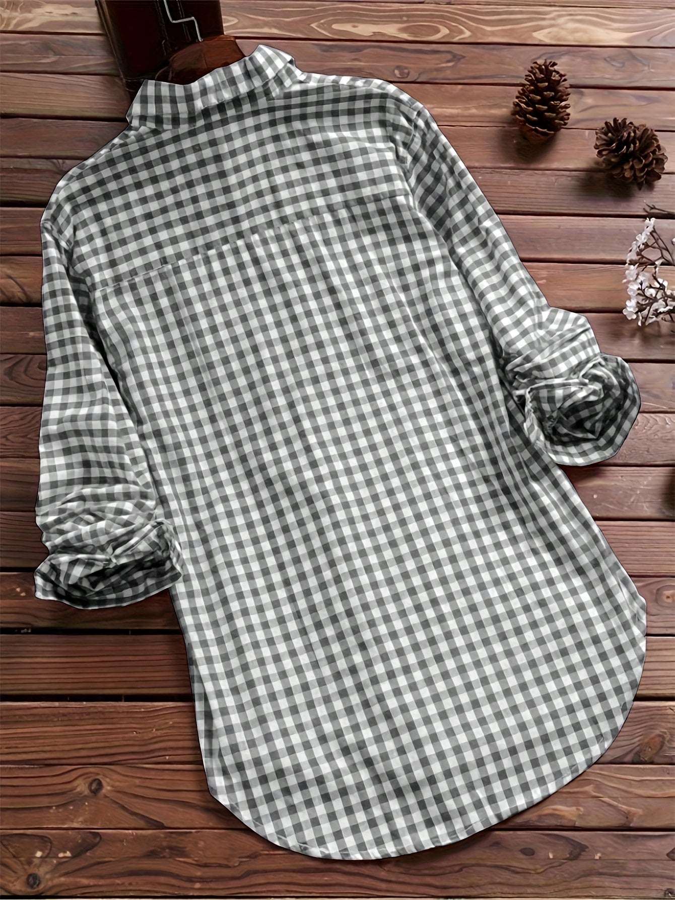 Women'S Casual Long Sleeve Gingham Check Shirt - Light Blue & White,