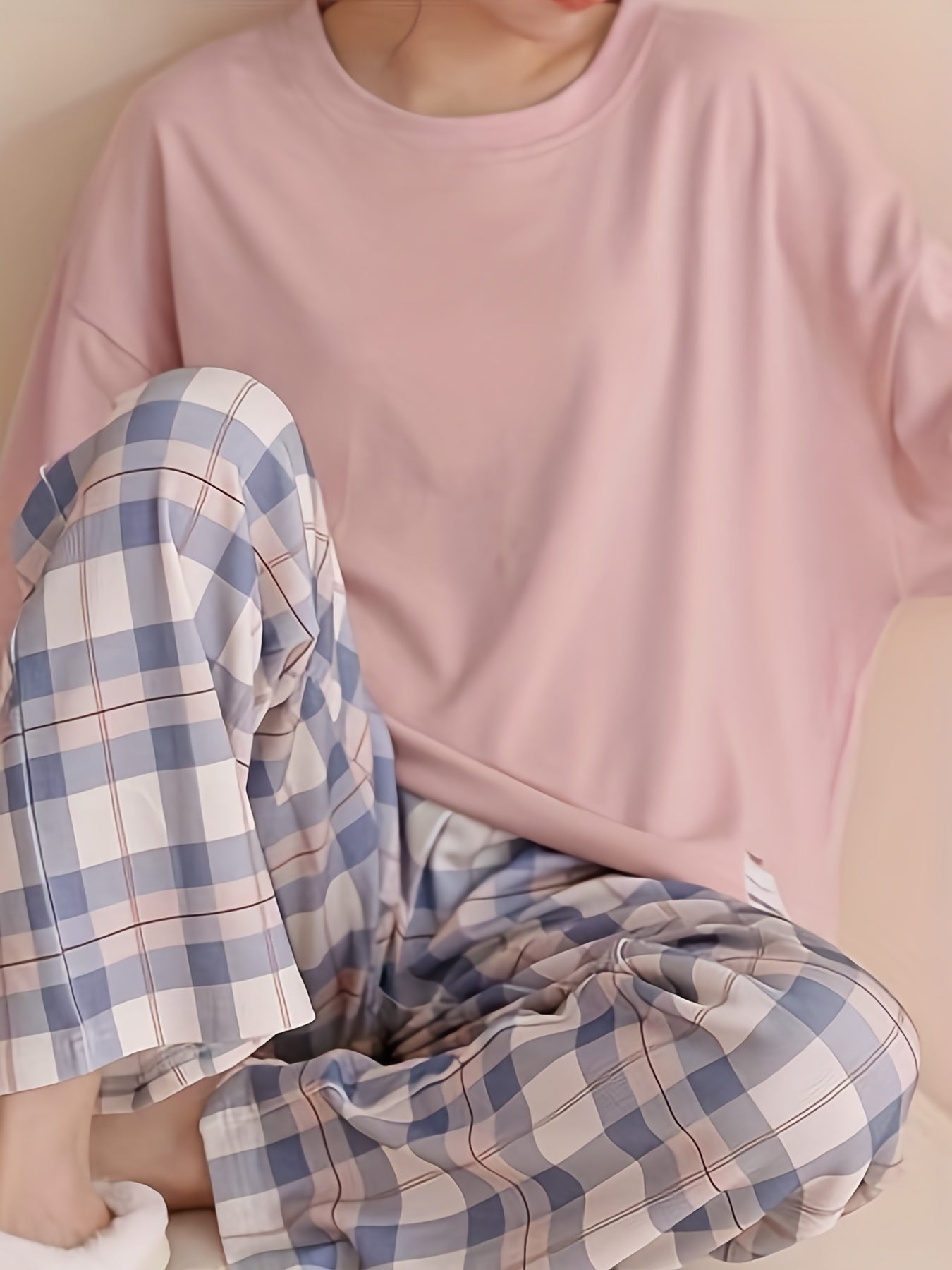 Plaid Print Crew Neck Pajamas Set,