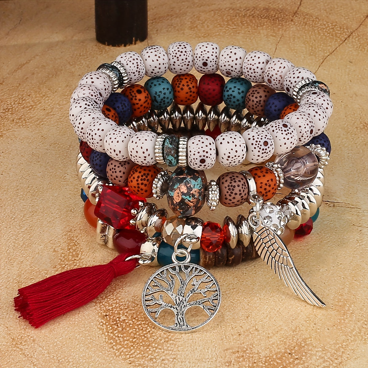 4pcs/set Bohemian Hand String, Tree Of Life Feather Wings Pendant Bracelet, Tassel Couple Handmade Unisex Bracelet, Father's Day Gift