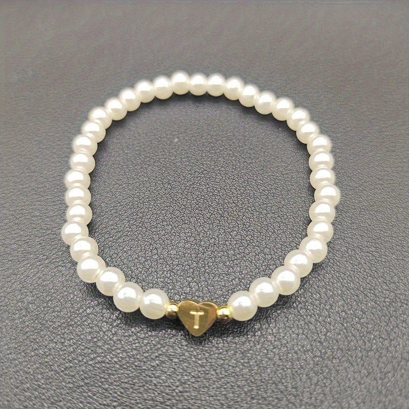 1pc Classic Initial A-Z Lettering Heart Faux Pearl Beaded Bracelet, Elegant Party Jewelry Birthday Gift For Teen Girls