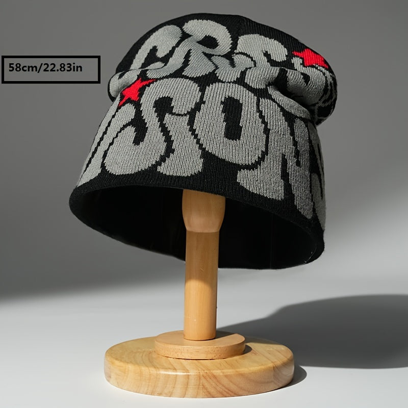 Unisex Alphabet Embroidered Knit Beanie Hat Casual Acrylic Stretch