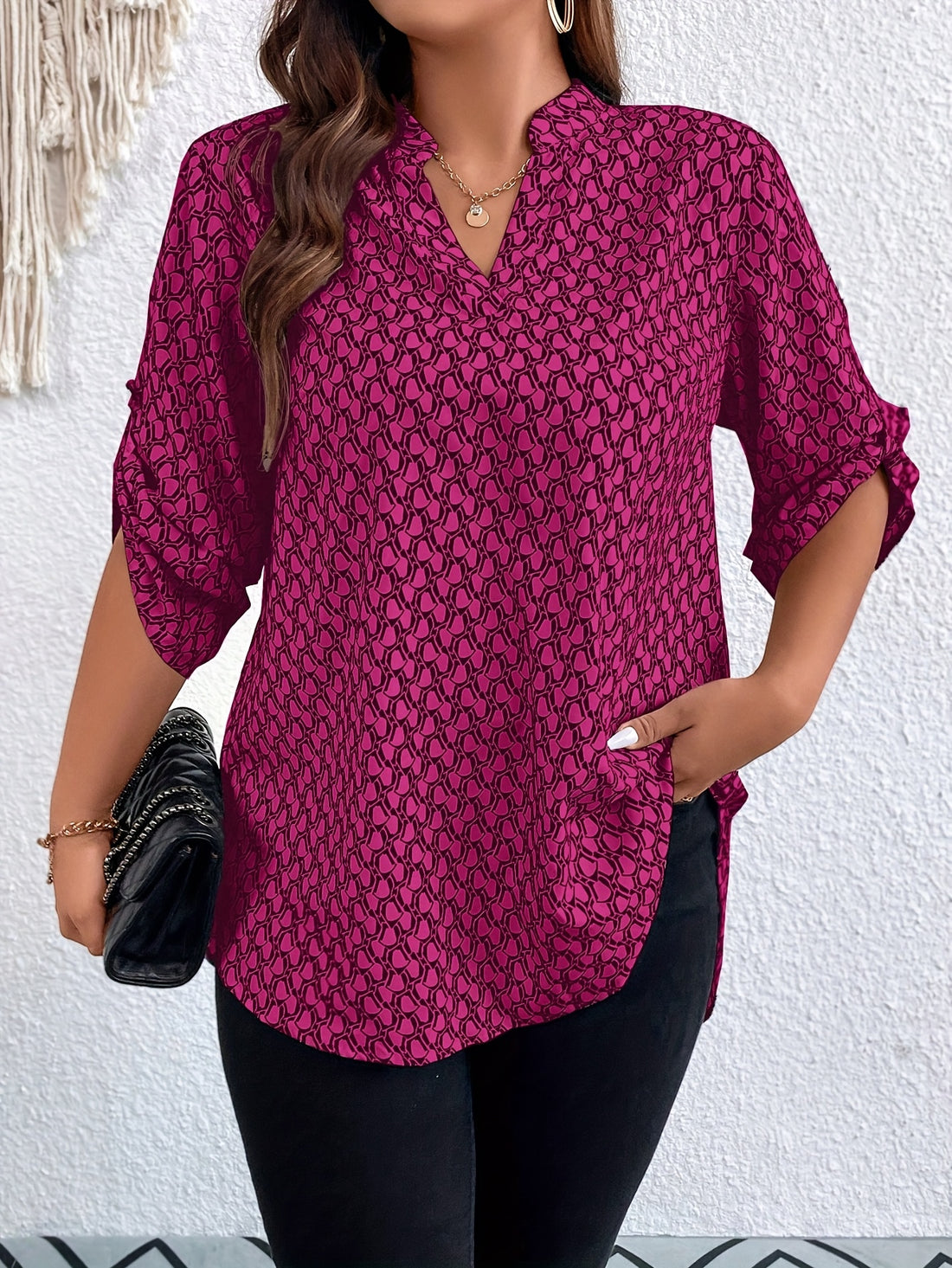Plus Size Women's Allover Print Roll Up Sleeve Notched Neck Tunic Top Casual Blouse