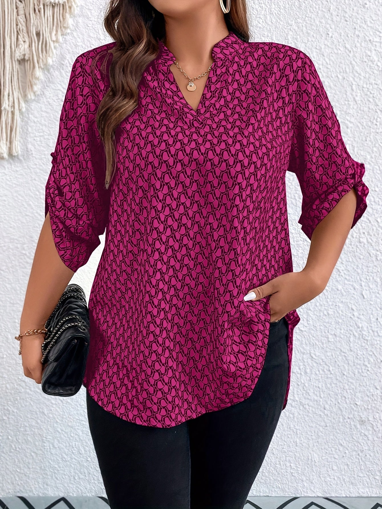 Plus Size Women's Allover Print Roll Up Sleeve Notched Neck Tunic Top Casual Blouse