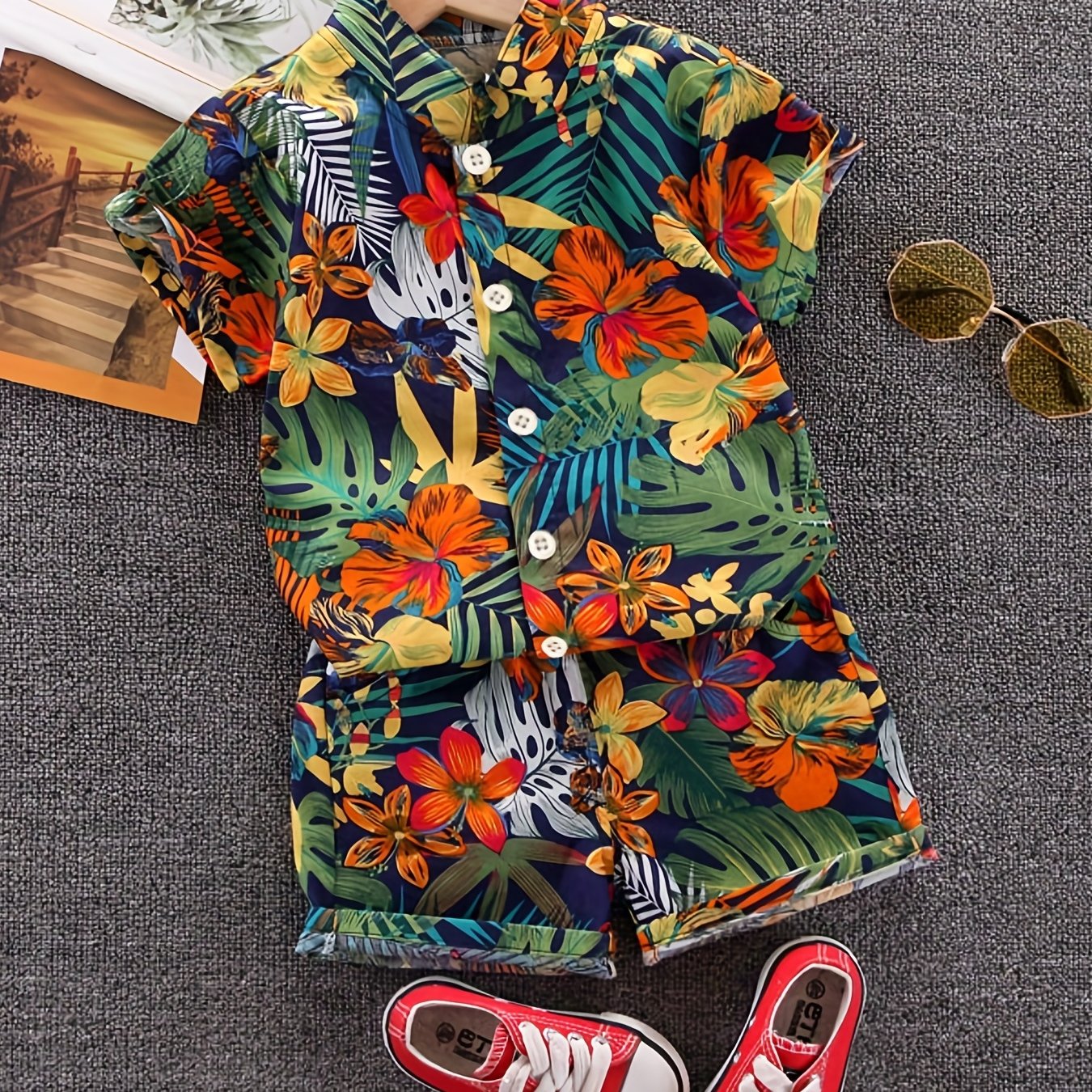 Boys Leaf And Flower Print Casual Outfit Short Sleeves .