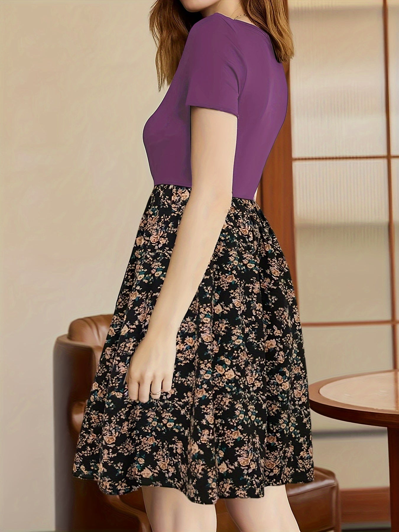 Vibrant Floral Print Crew Neck Dress - Short Sleeve,/MH