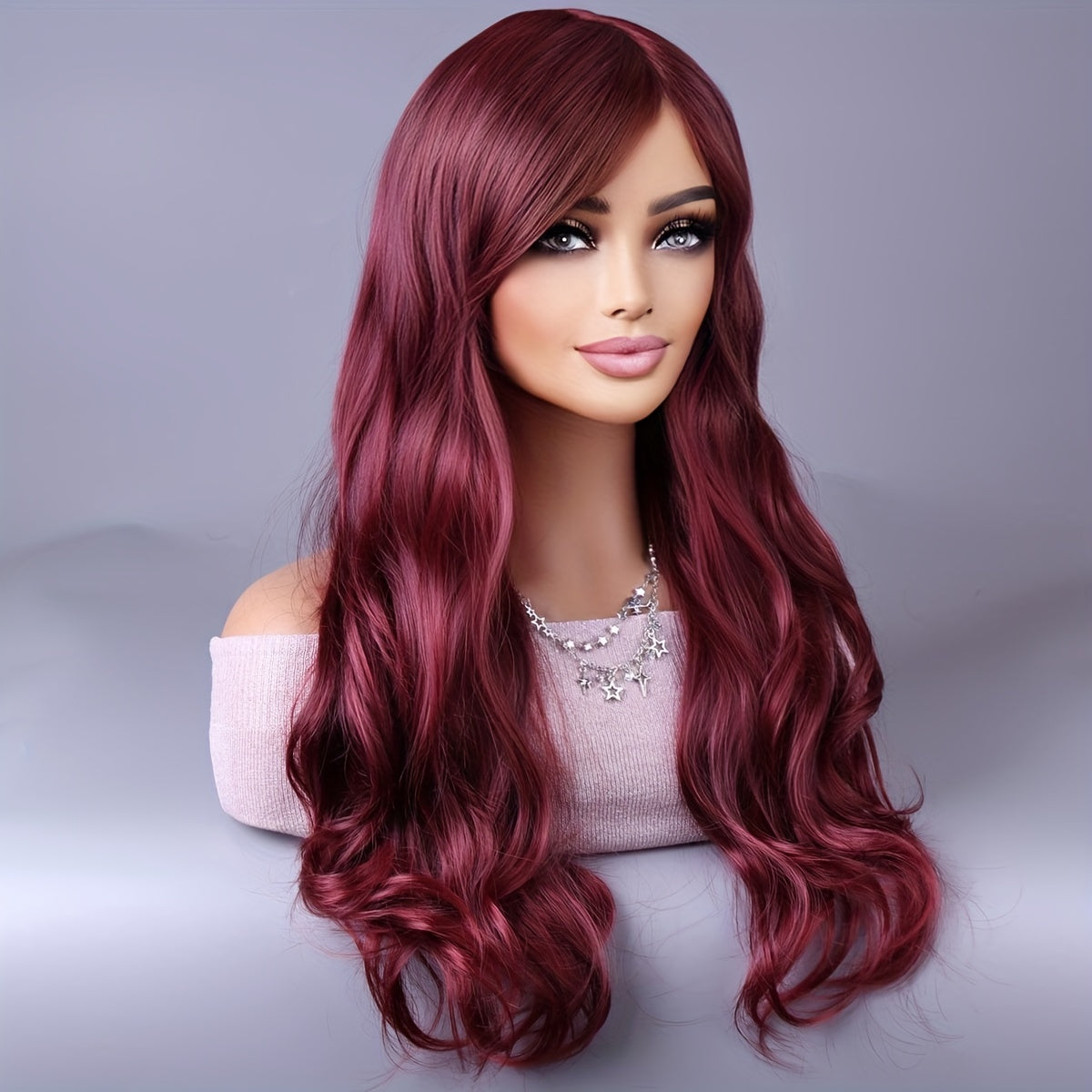 Long Reddish Brown Curly Wig With Bangs For Women Curly Wavy Wigs Synthetic Heat Resistant Fiber For Daily Party Cosplay Use