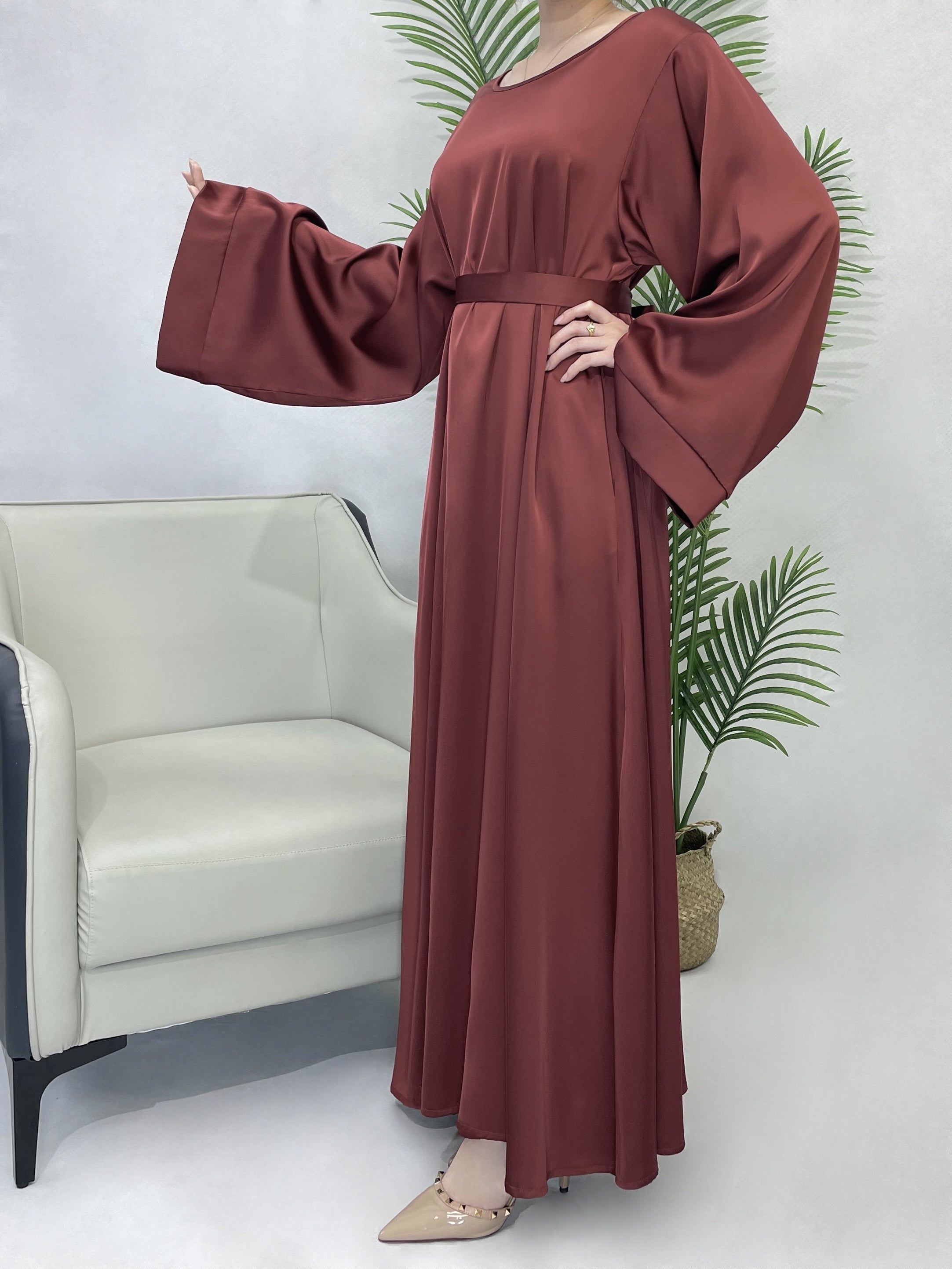 Solid Maxi Kaftan Abaya, Modest Crew Neck Long Sleeve ./MH