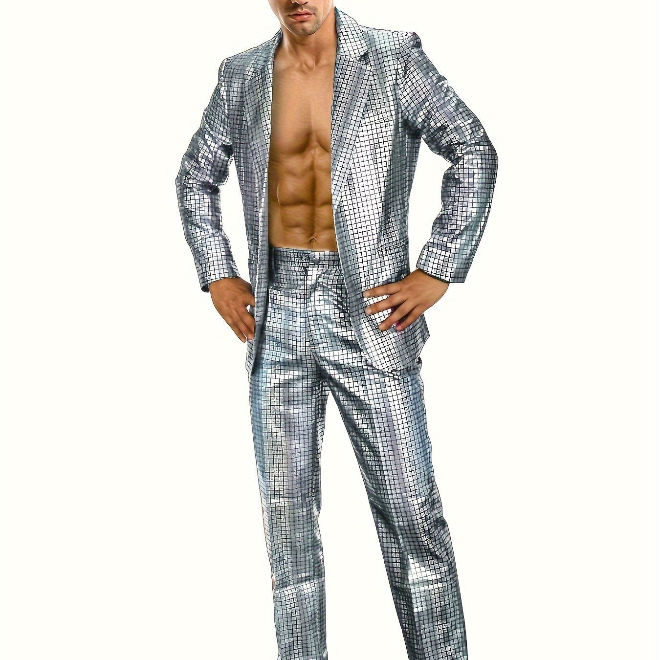 Chic Plaid Pattern Shiny Blazer, Men's Casual Two Button.