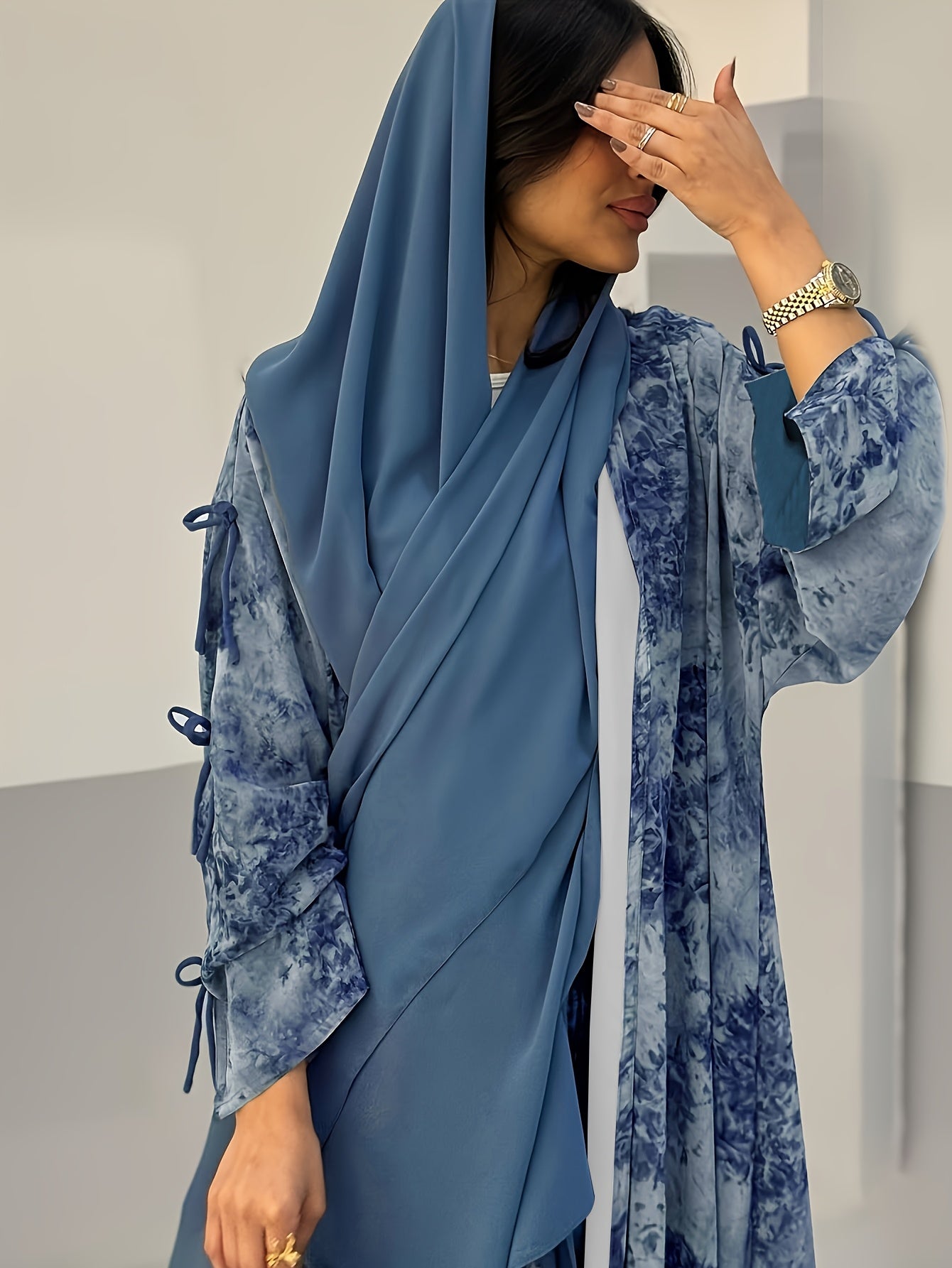 Women'S Elegant Blue Floral Print Chiffon Abaya with Golden Accents - / MH