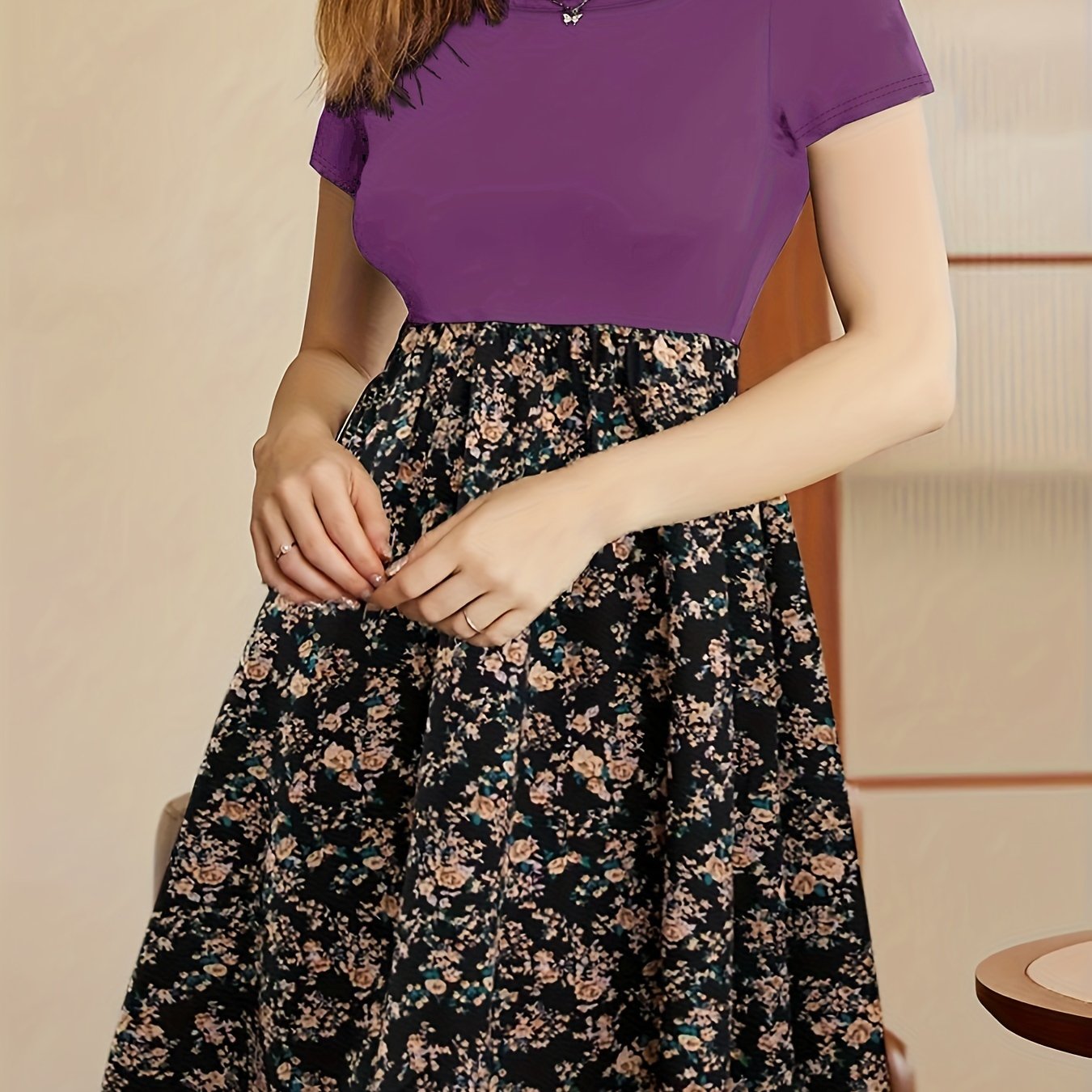 Vibrant Floral Print Crew Neck Dress - Short Sleeve,/MH