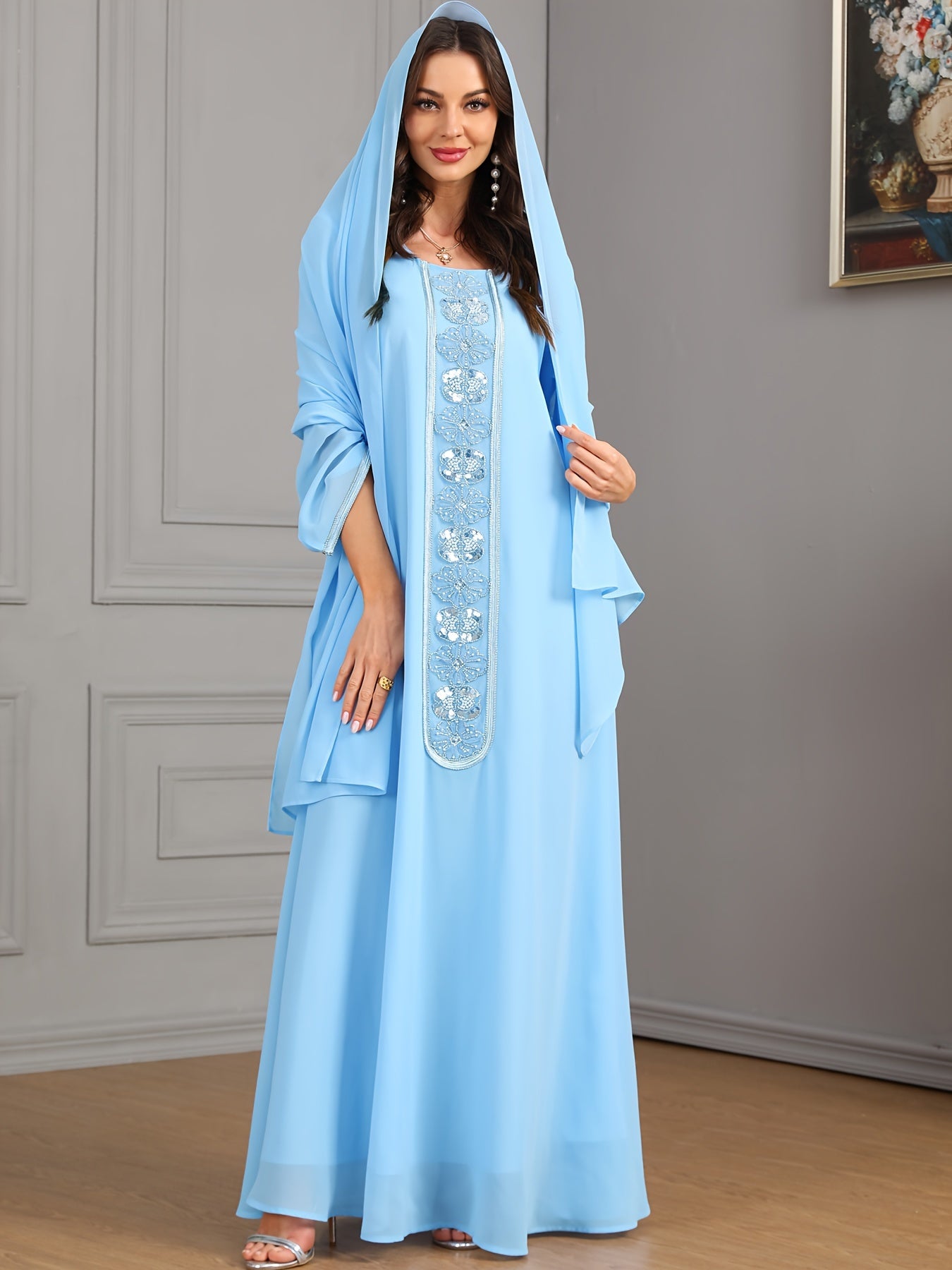 Embroidered Crew Neck Kaftan Dress, Elegant Long Sleeve women fashion '/MH