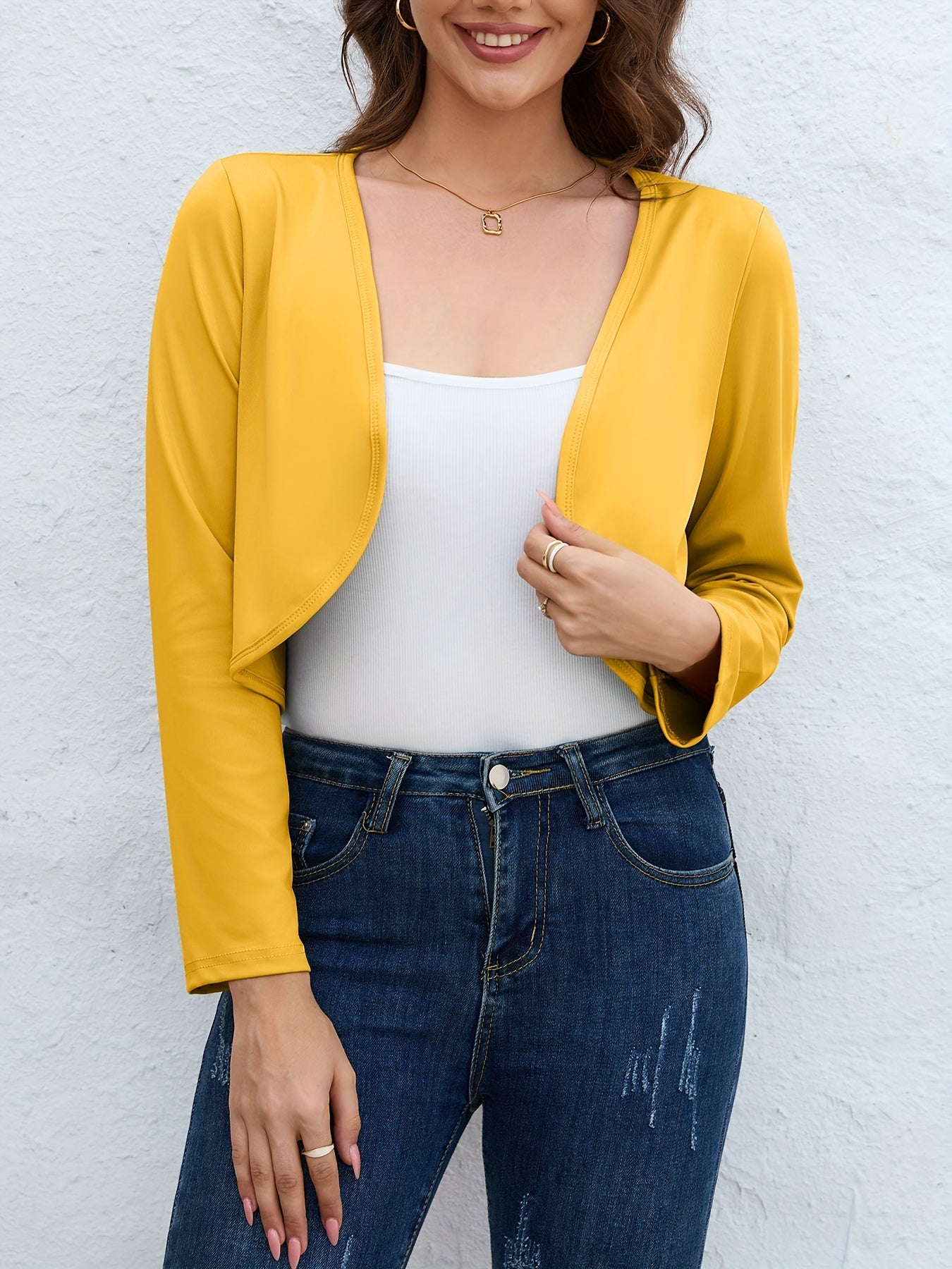 Solid Open Front Blazer, Casual Long Sleeve Crop Blazer For Work,