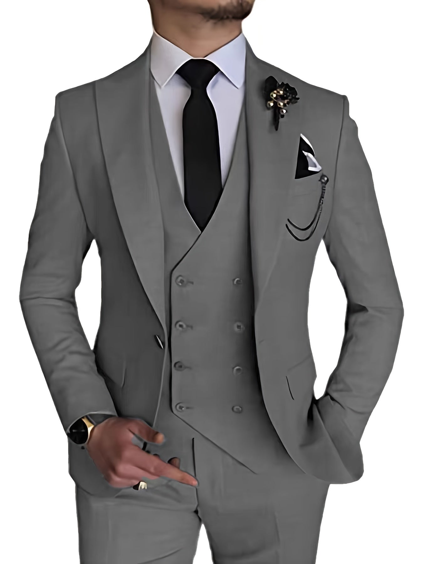 3-Piece Men's Classic Solid Dress Suit Set, One-Button Blazer Jacket.