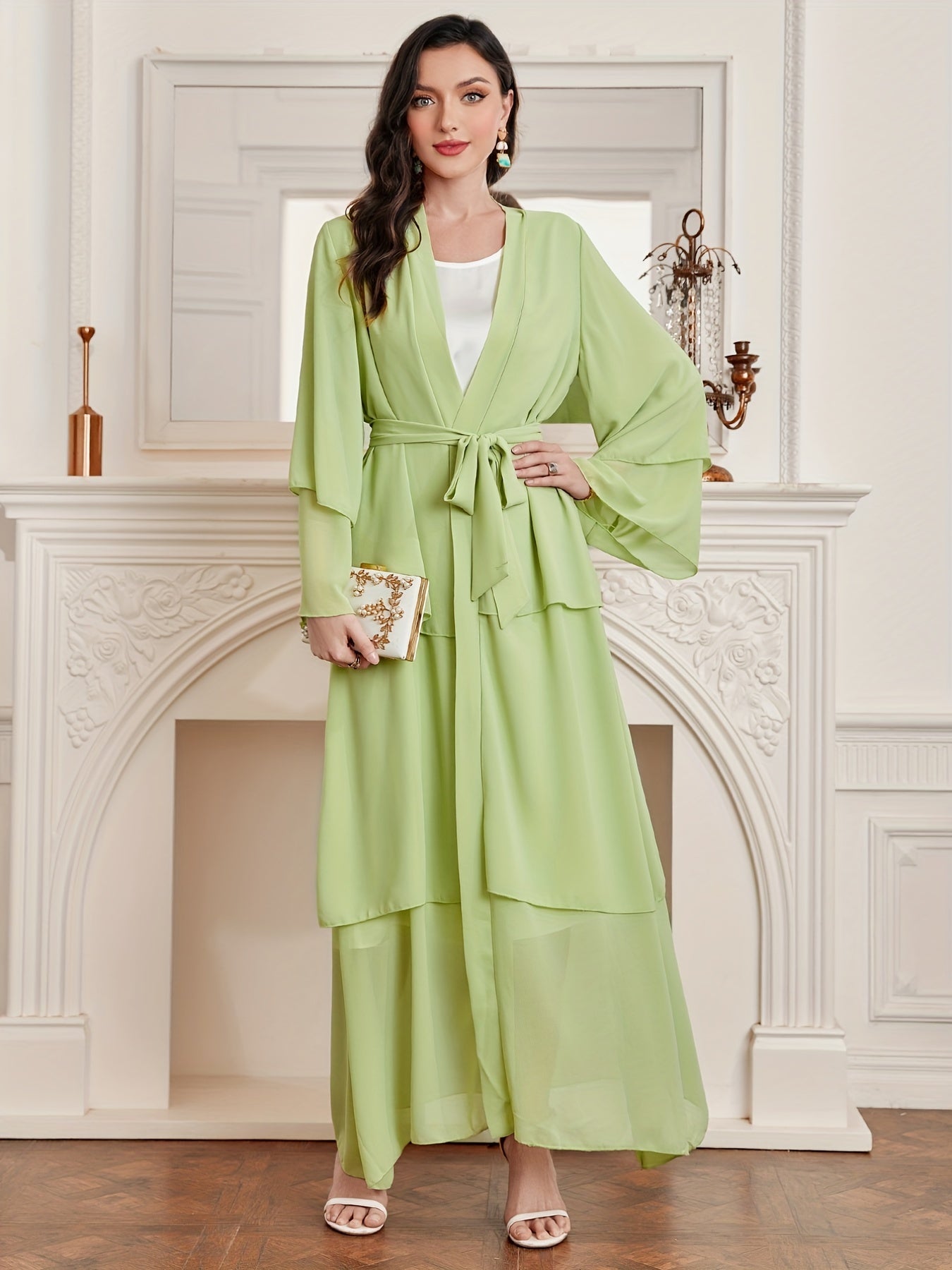 Layered Open Front Modest Dress, Long Sleeve Muslim Dress'/MH