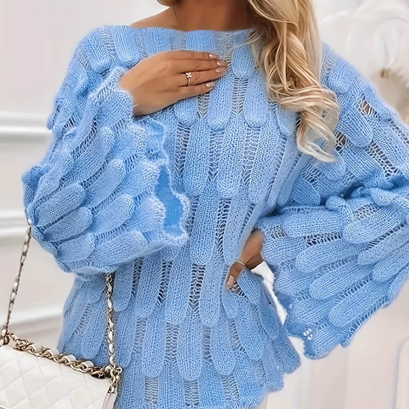 Solid Hue Cut-Out Knitted Pullover - Chic Flared Sleeve Sweater for Women - Fashionable Winter Wear with Eye-Catching Detail