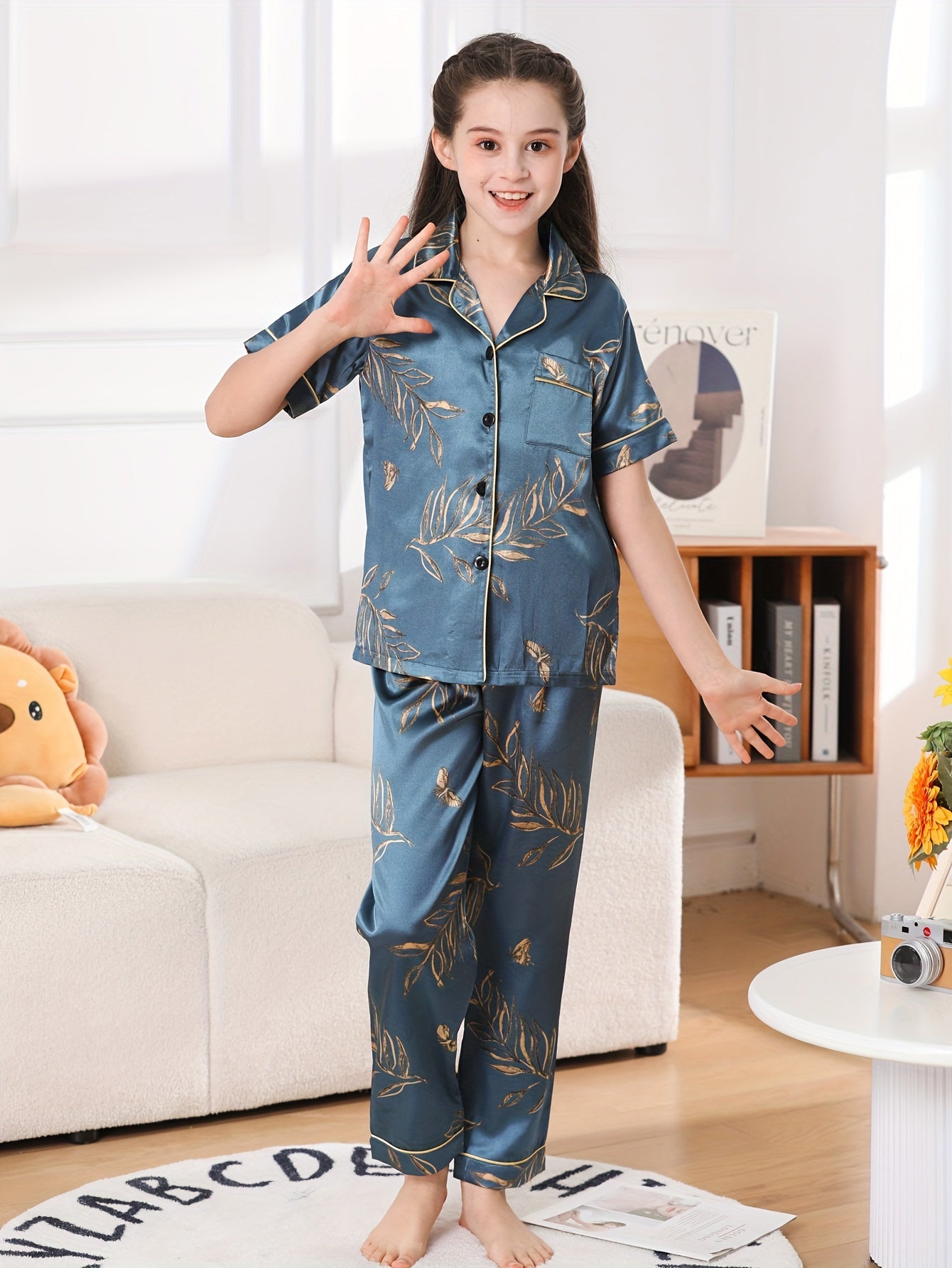 3pcs Kids Pajamas Set, Girls Ice Silk Thin Short Sleeve Shorts .