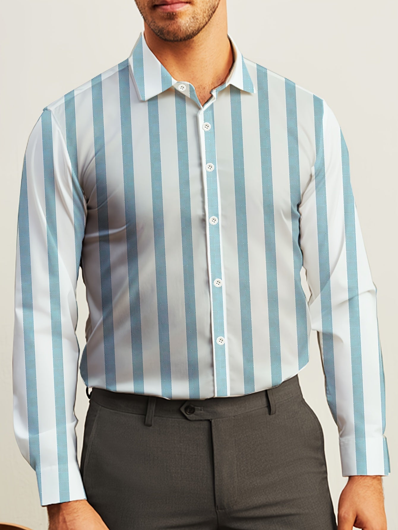 Men's Striped Lapel Collar Dress Shirts, Long Sleeve .