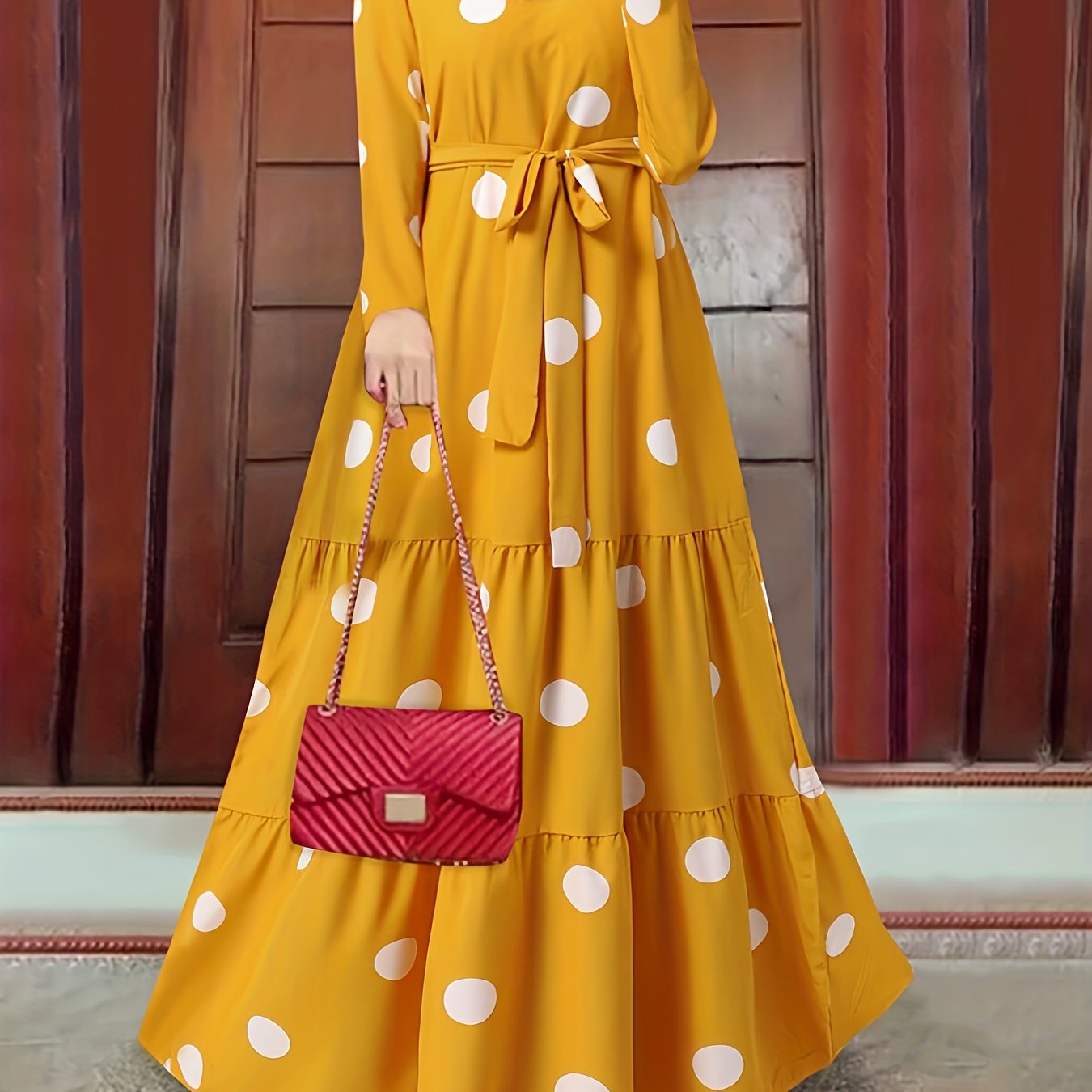 Polka Dot Print Kaftan Dress, Casual Long Sleeve 'MH