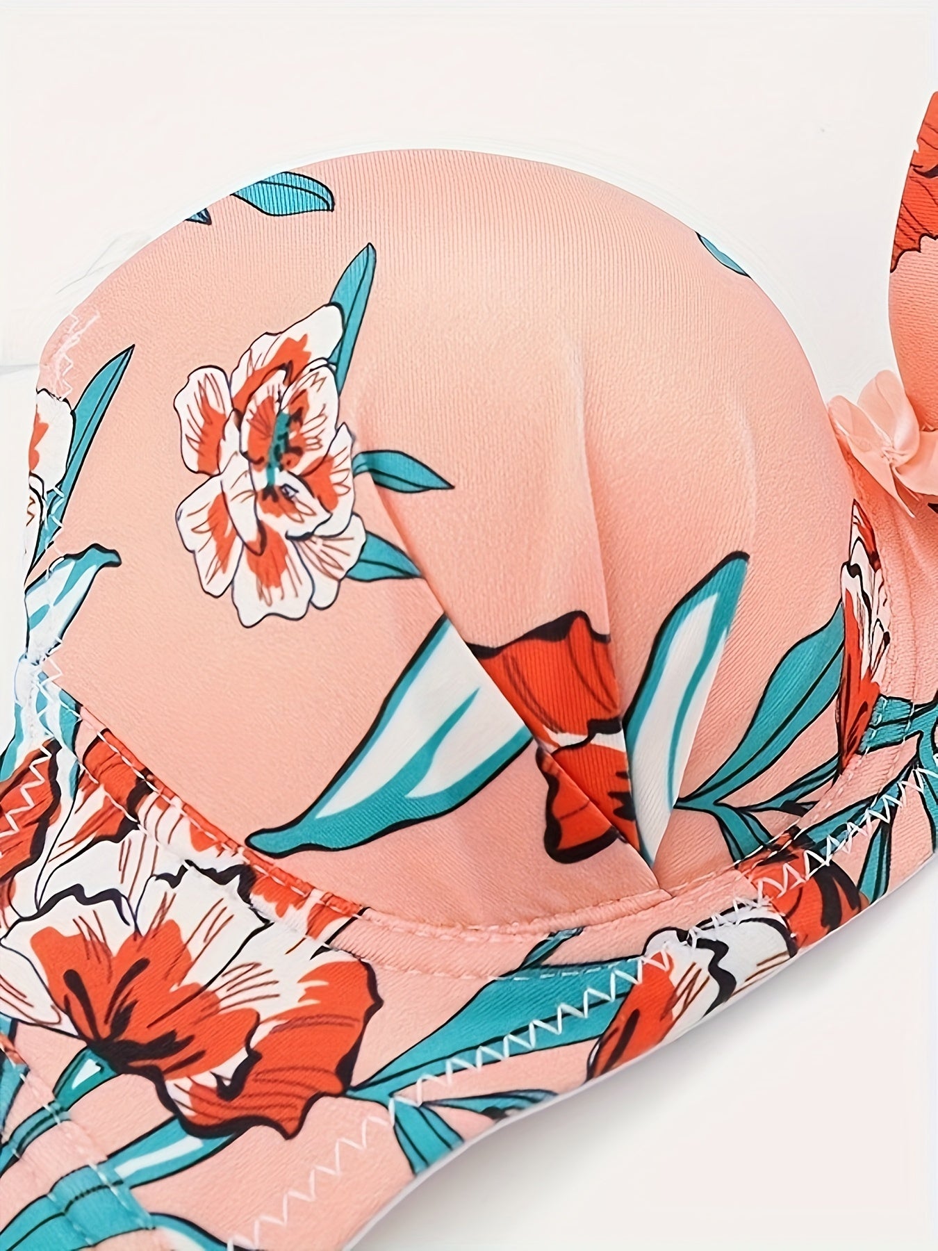 Floral Print Bra & Panty, Bow Decor Plunge Bra & Panties Lingerie Set, /MH