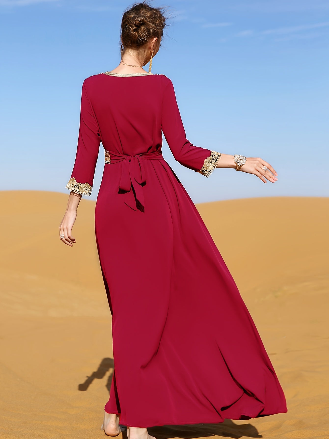 Ramadan Lace Trim V Neck Kaftan, Elegant Long Sleeve 'MH