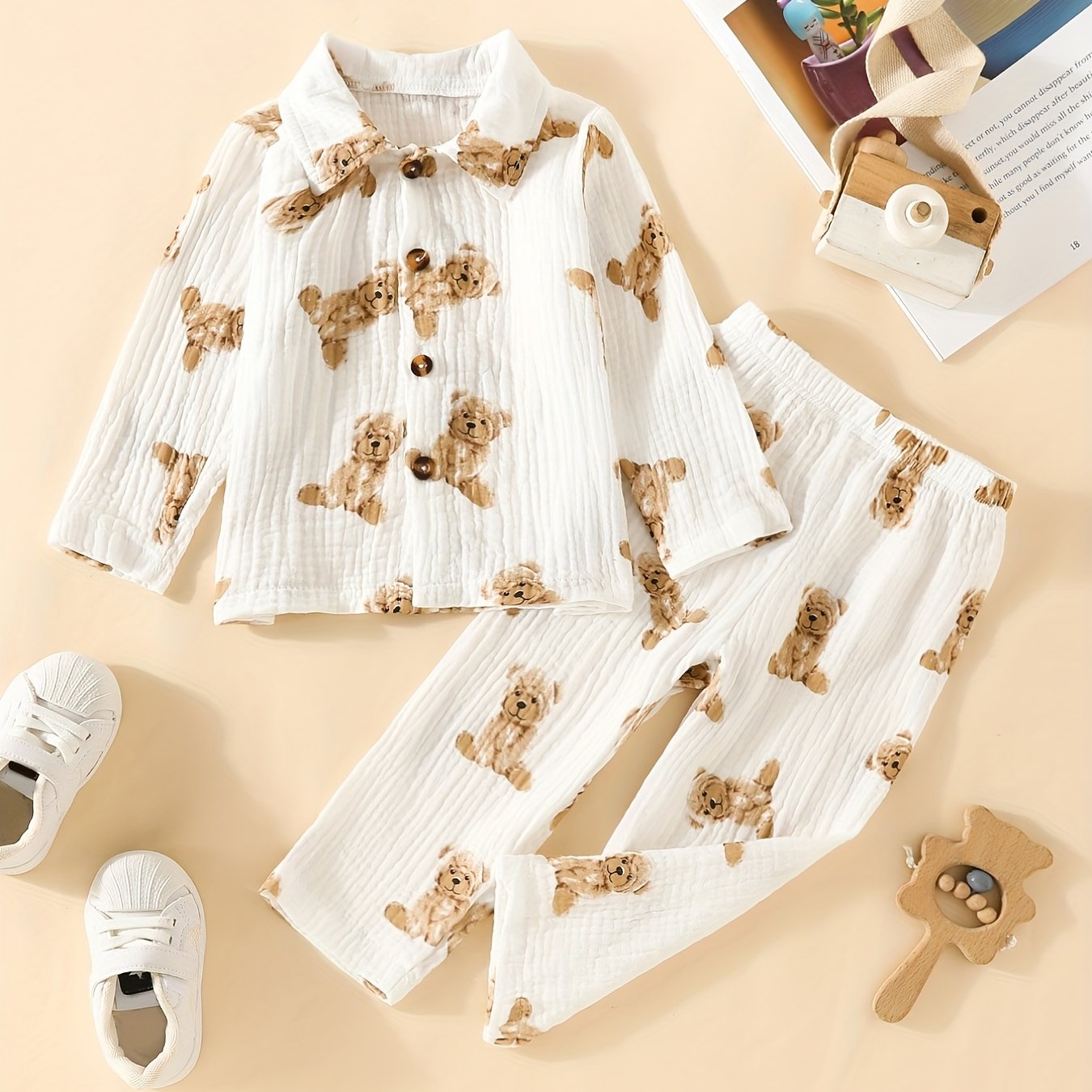 Baby's Cute Cartoon Graphic Pajamas Set Long Sleeve Top & Pants Outfit, Loungewear