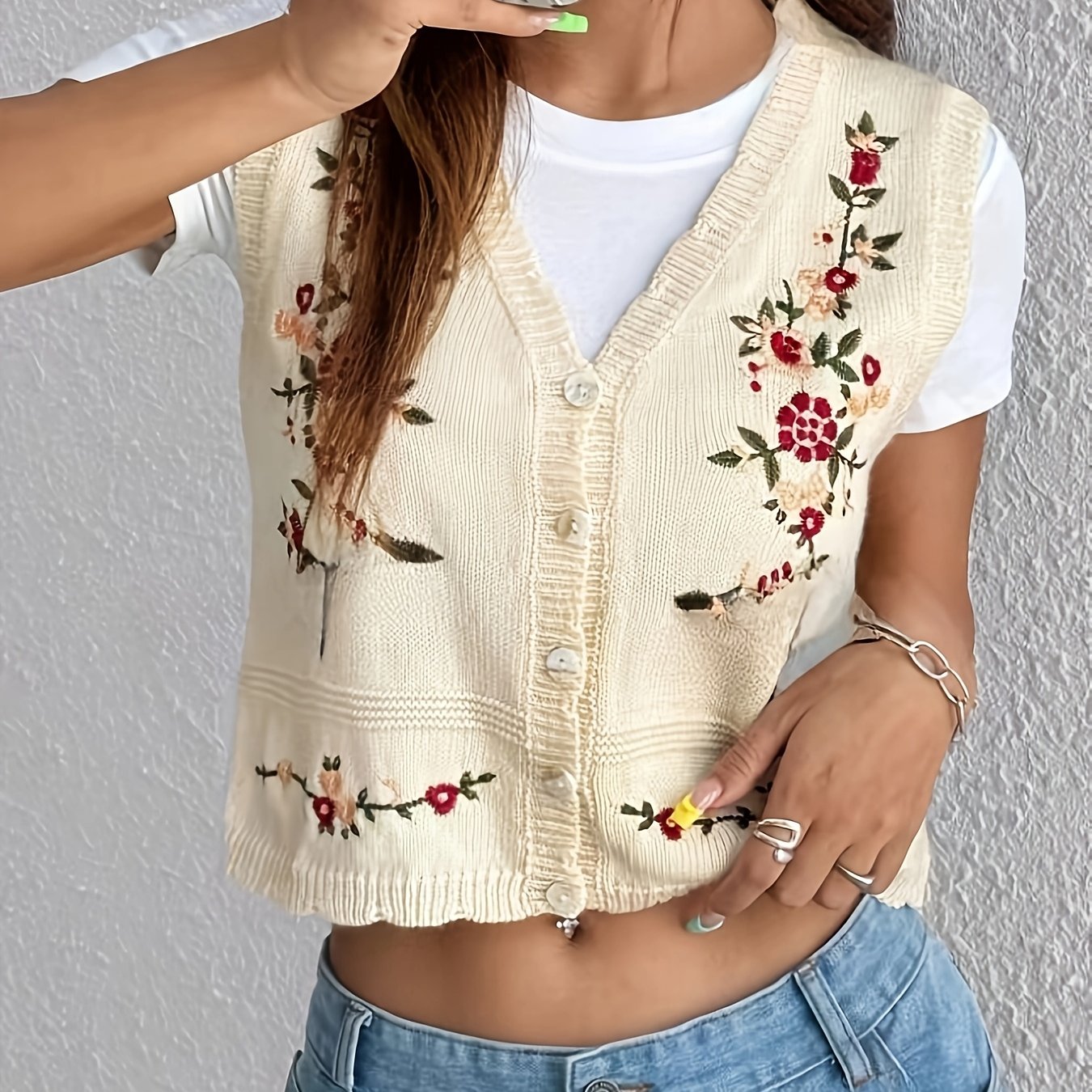 Elegant Women's Floral Embroidered V-Neck Cardigan .