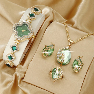 Clover Pointer Quartz Watch - Elegant Baroque Rhinestone Analog Wrist Watch with 4pcs Jewelry Set, Perfect Gift for Mom, Her, or Yourself, Ideal for Any Occasion