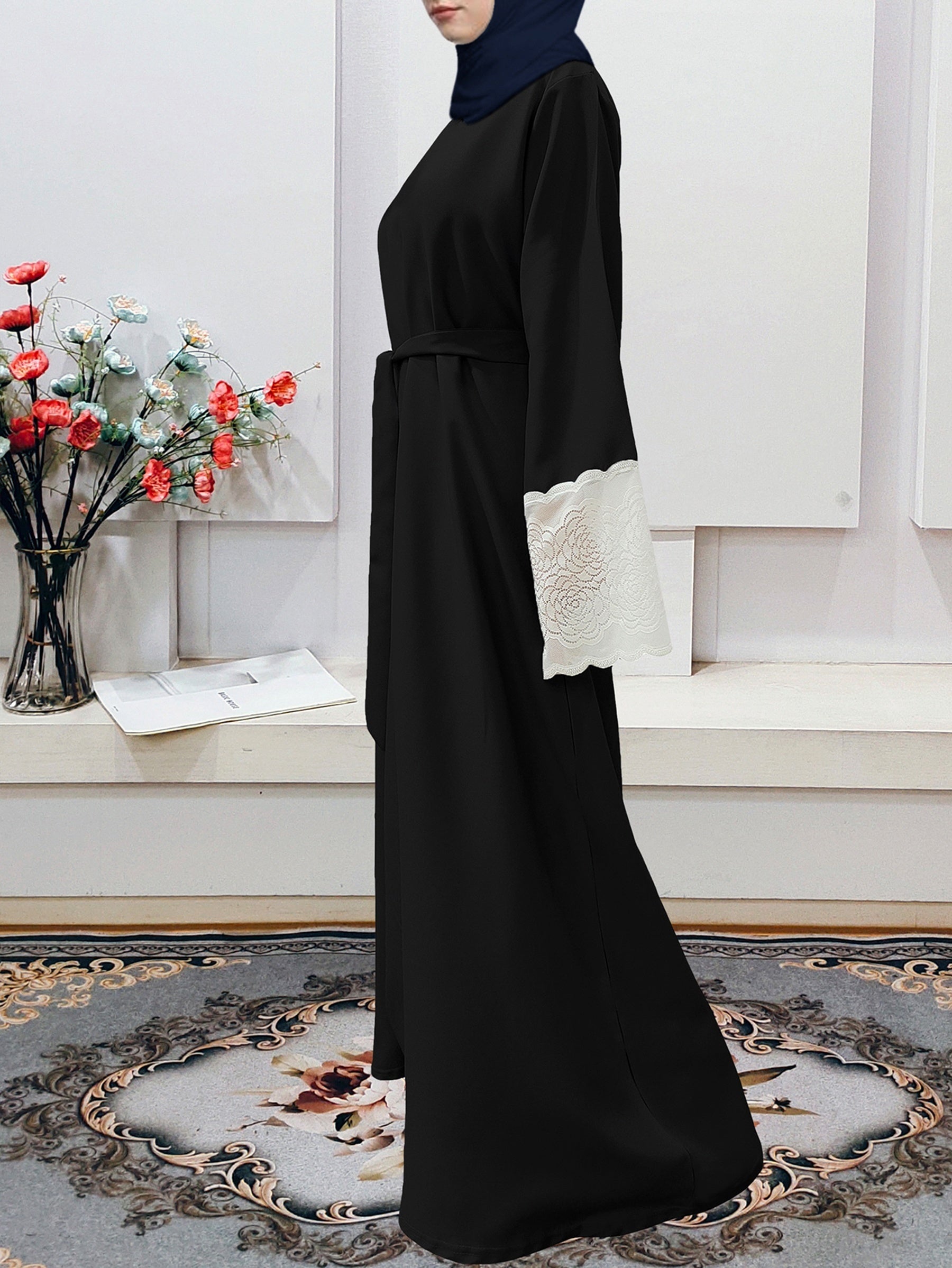 Contrast Lace Crew Neck Kaftan Abaya, /MH