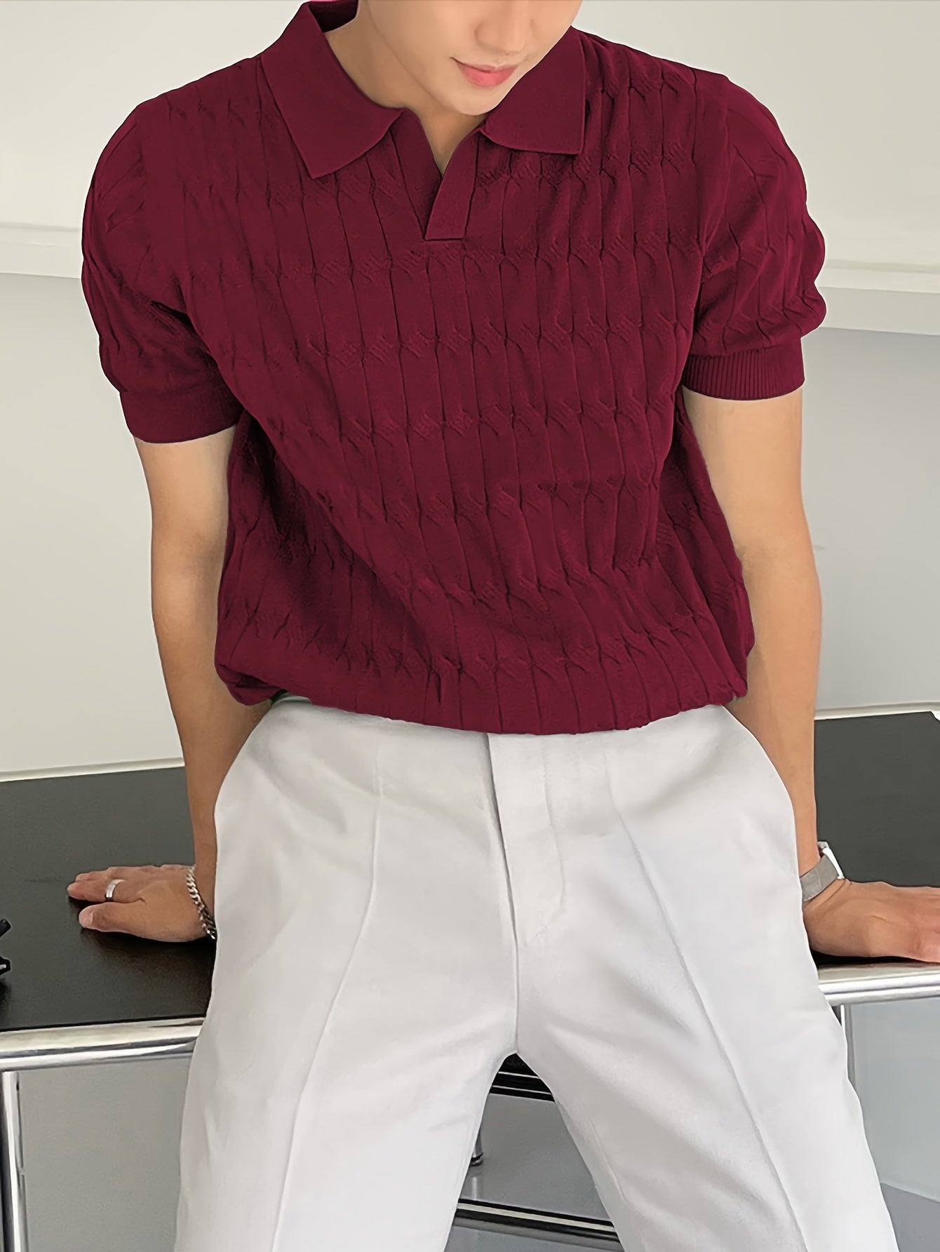 Chic Knit Shirt, Men's Casual Lapel Mid Stretch V-Neck Pullover Sweater