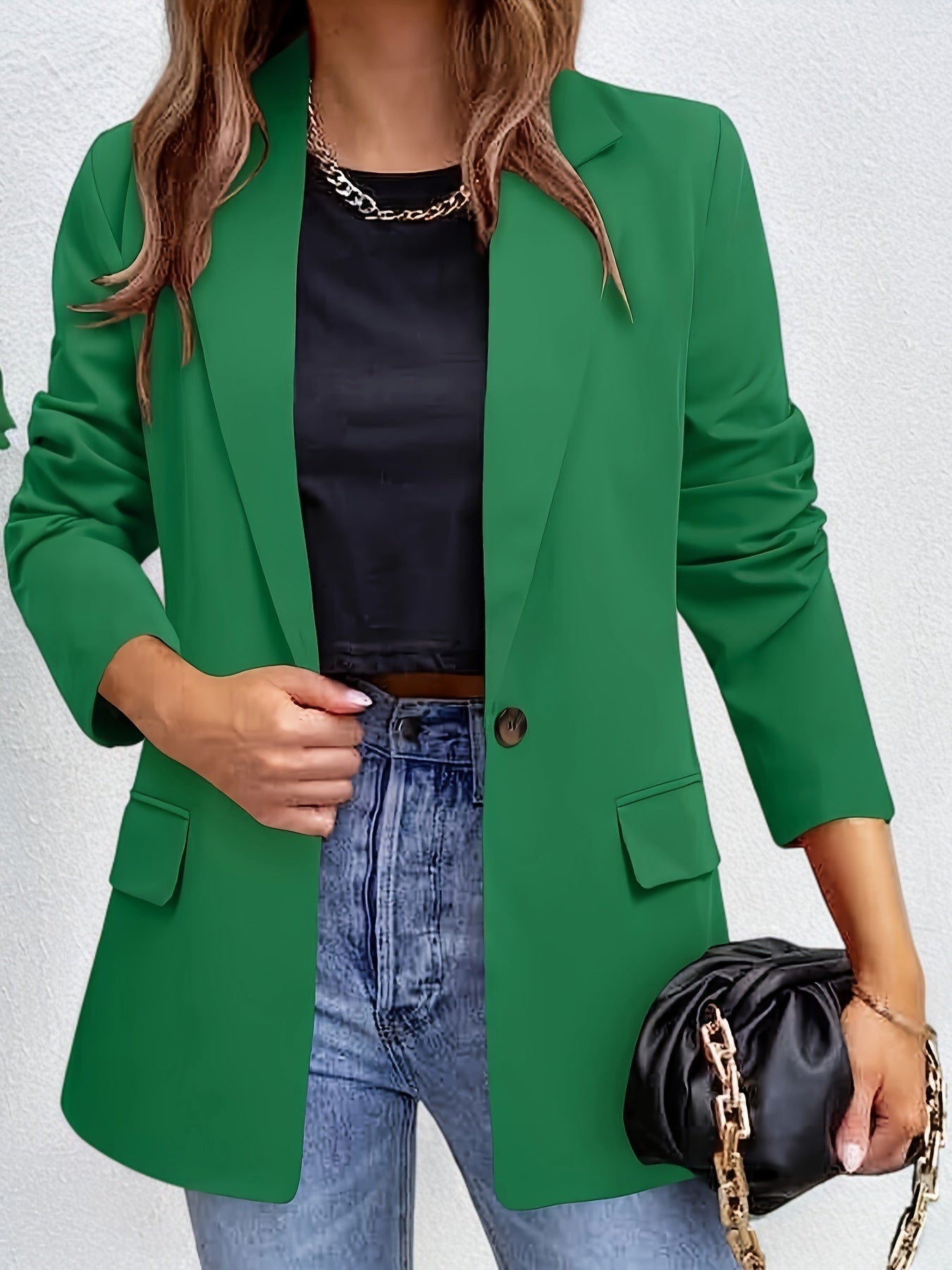 Solid Color Single Breasted Blazer, Elegant Long Sleeve Outwear .