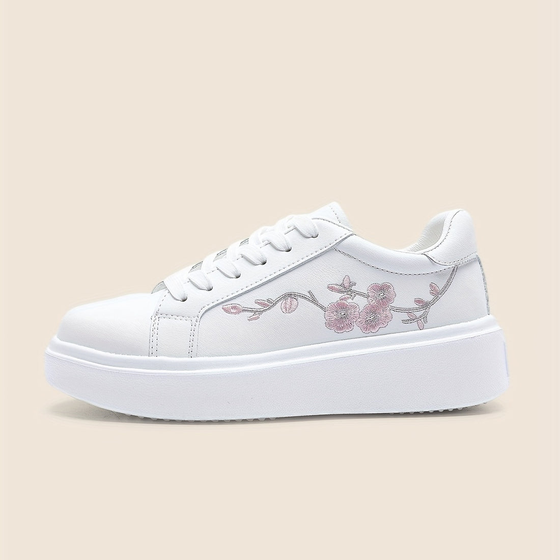 Women's White Low-Top Lace-Up Sneakers with Floral Embroidery,