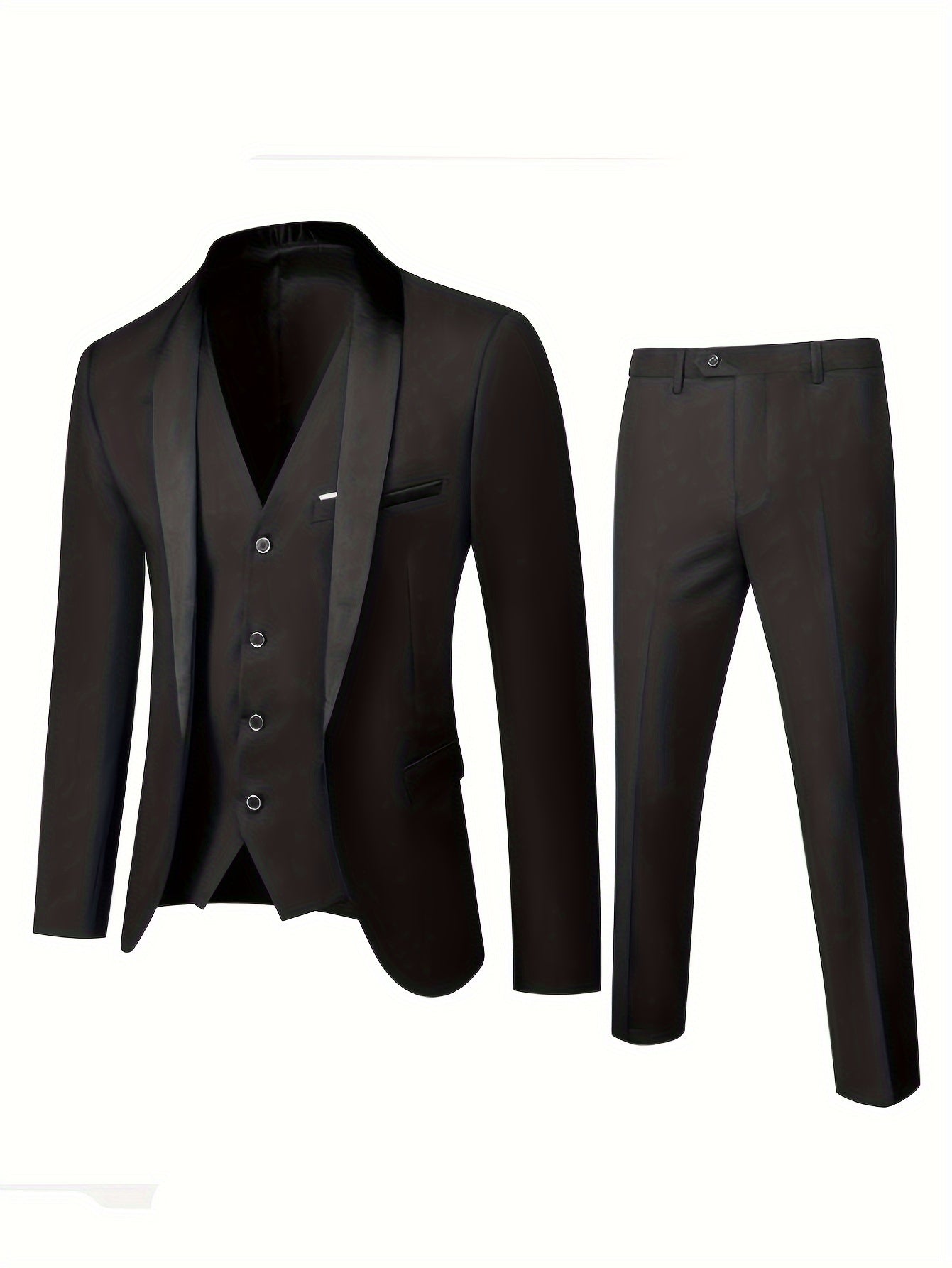 3-Piece Men's Classic Solid Dress Suit Set, One-Button Jacket Blazer.