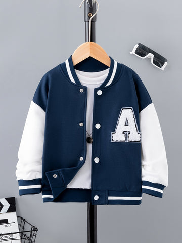 Letter Patched Kid's Baseball Jacket, Button Front Long Sleeve Top,