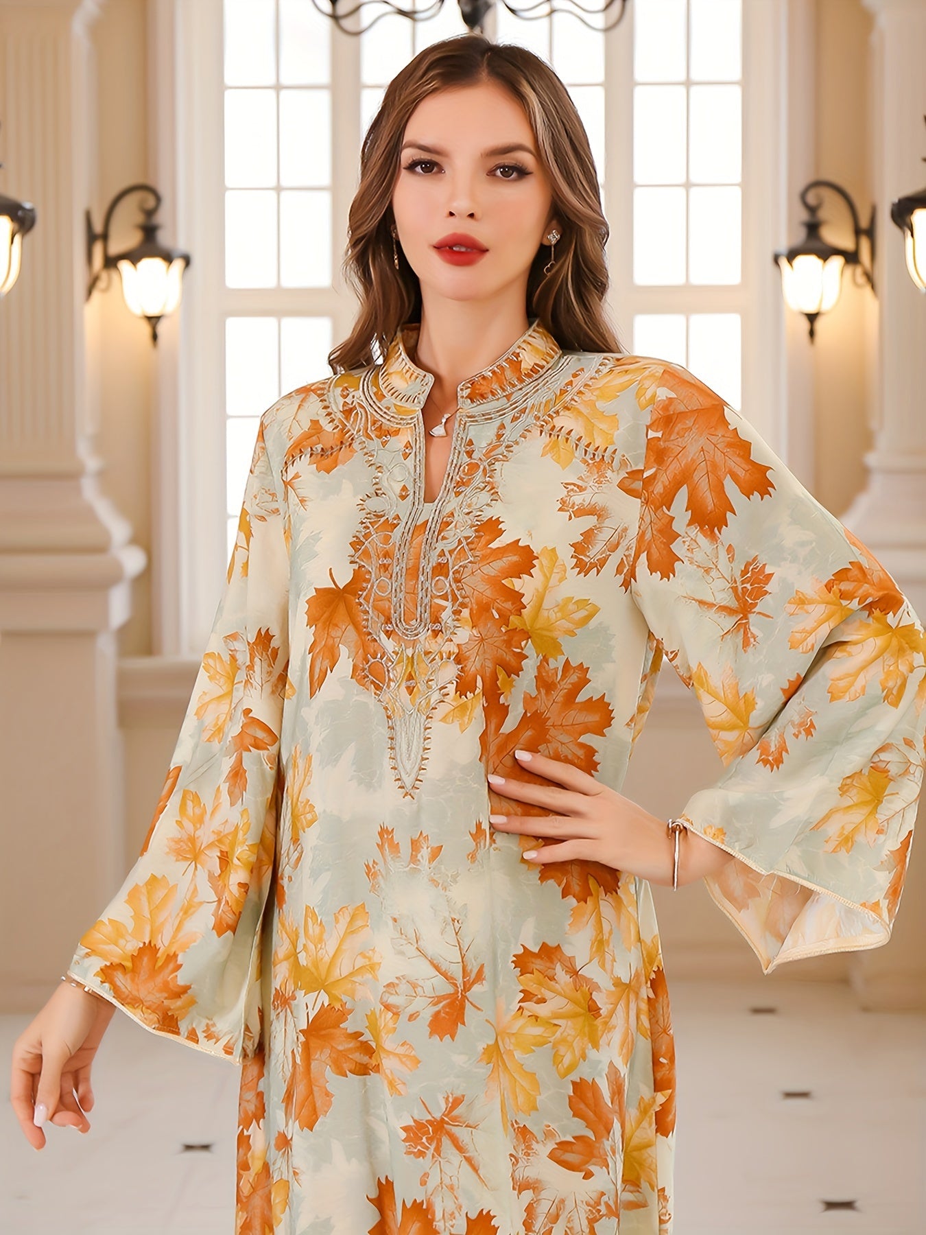 Maple Print Tie Neck Kaftan Dress, Elegant Long Sleeve 'MH