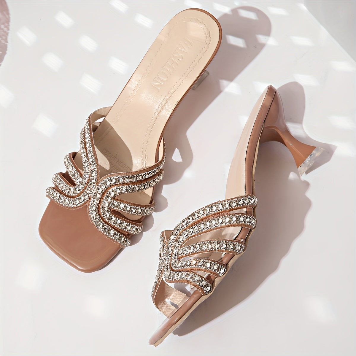 Women's Rhinestone-Embellished Slip-On High Heel Sandals -/MH