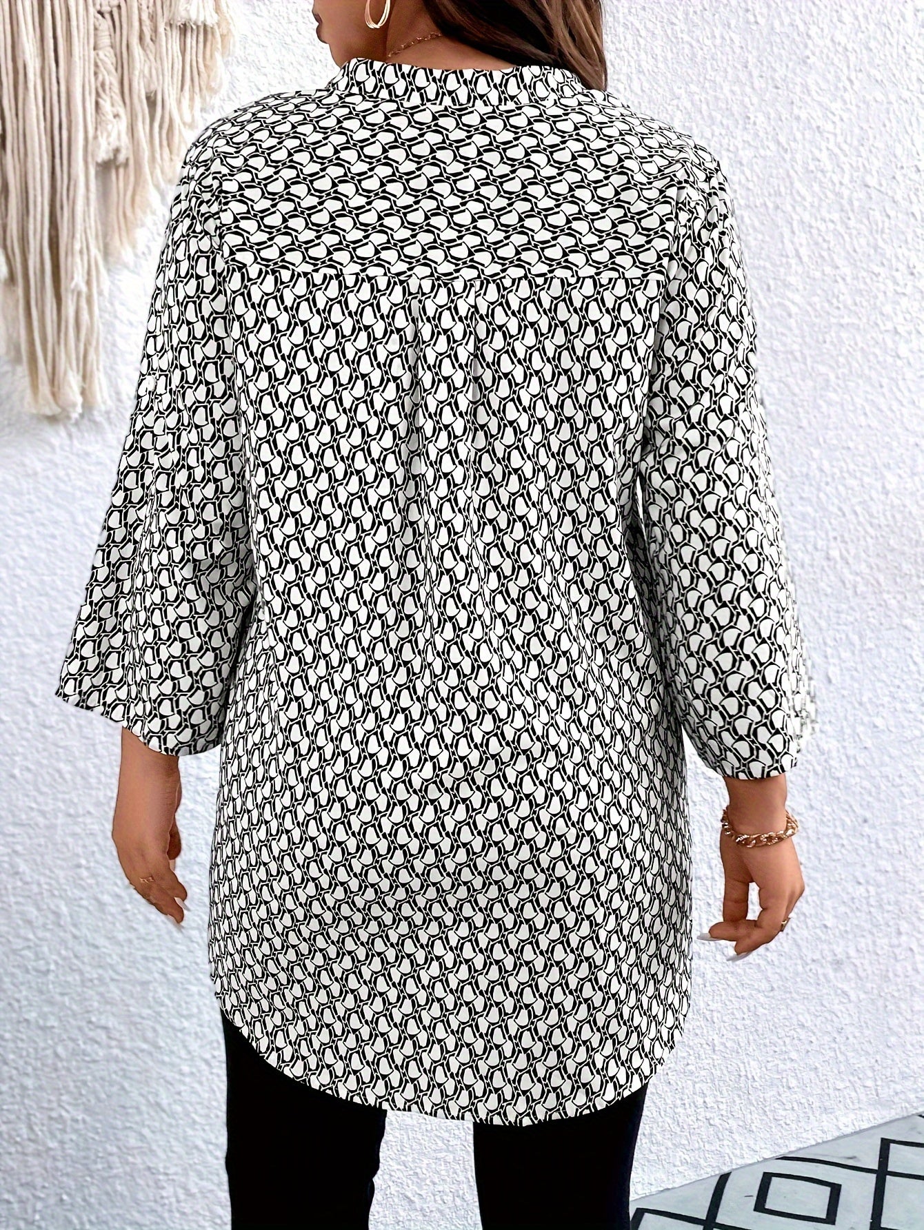 Plus Size Women's Allover Print Roll Up Sleeve Notched Neck Tunic Top Casual Blouse