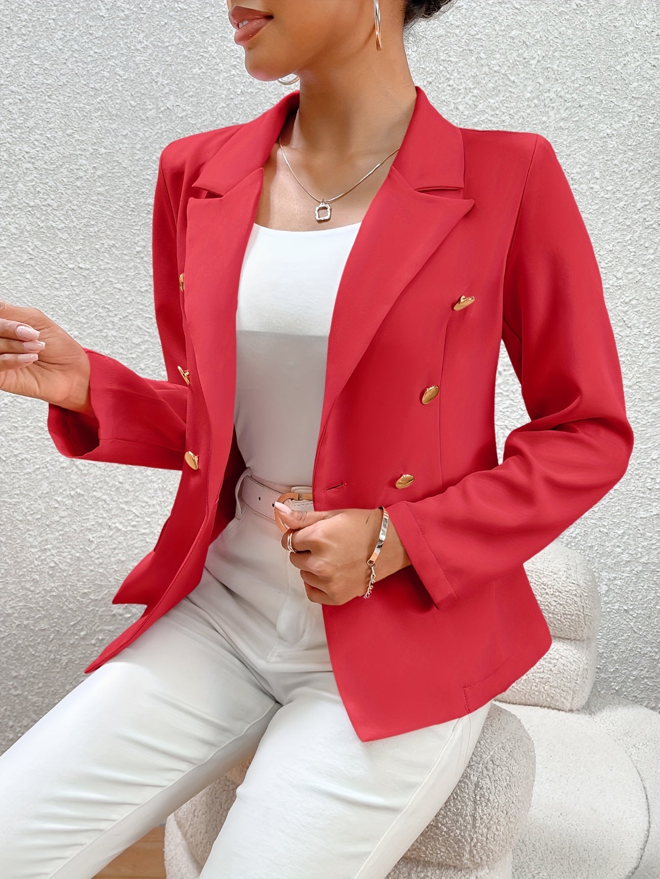 Solid Color Open Front Blazer, Elegant Lapel Neck Double Breasted.
