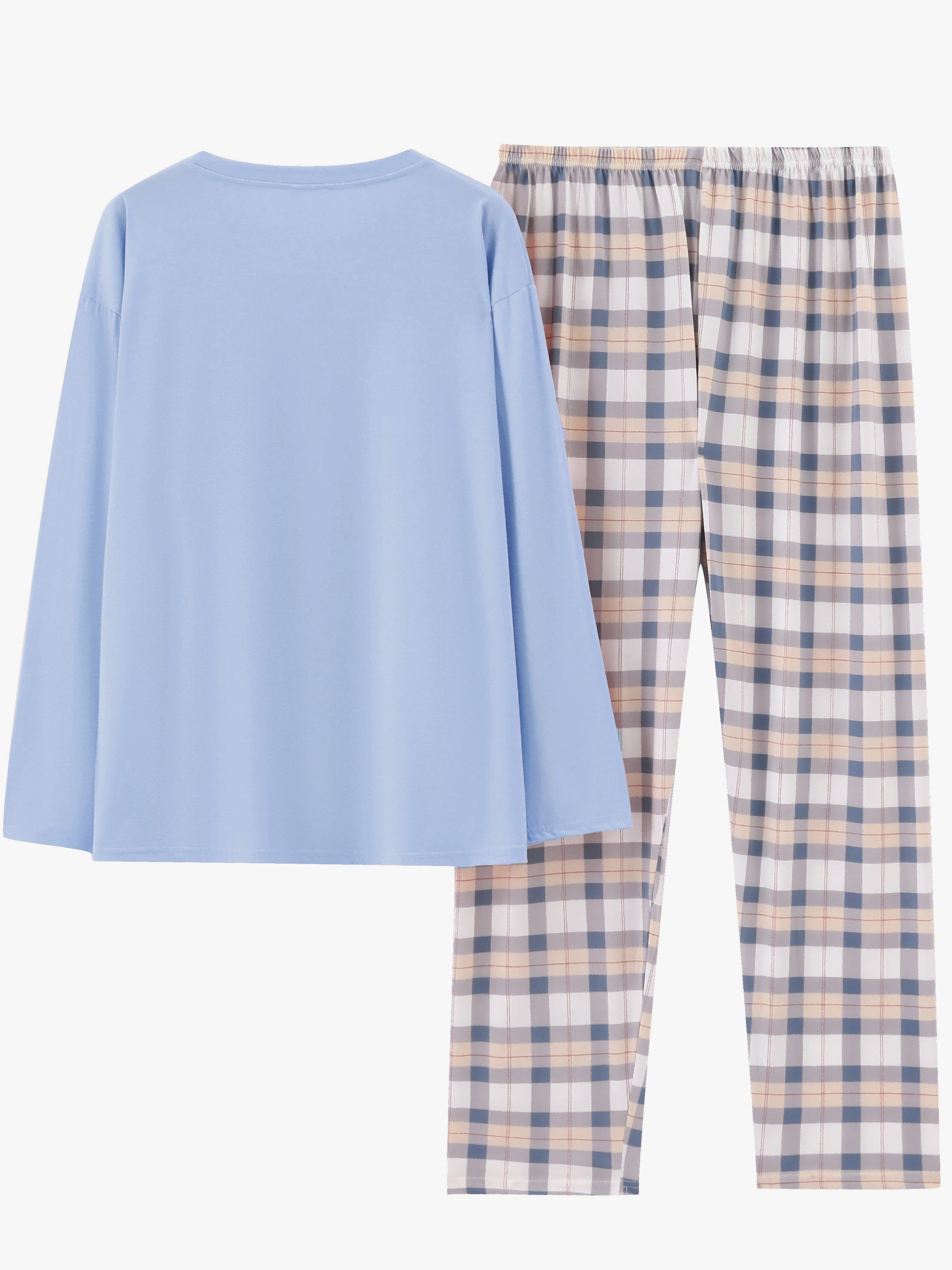 Plaid Print Crew Neck Pajamas Set,