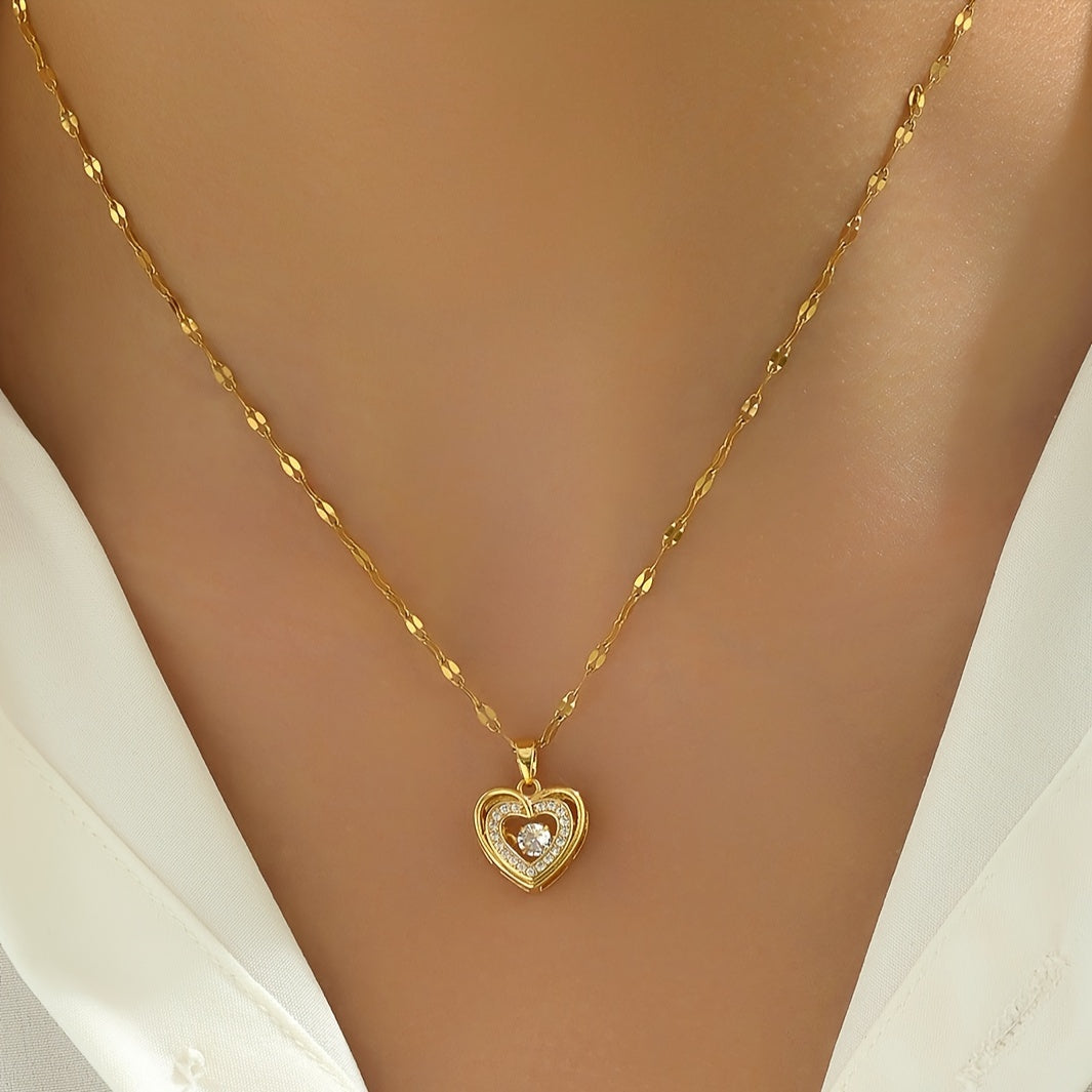 Golden Stainless Steel Three-dimensional Love Pendent Necklace, Rhinestone Fashion Necklace For Men Women Couple Street Daily Wear, Christmas Necklace Gift, father's day gift