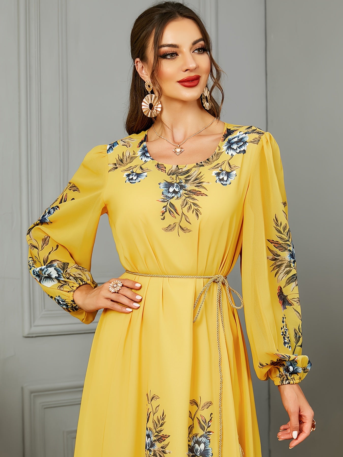 Floral Print Long Sleeve Kaftan Dress, women fashion'/MH