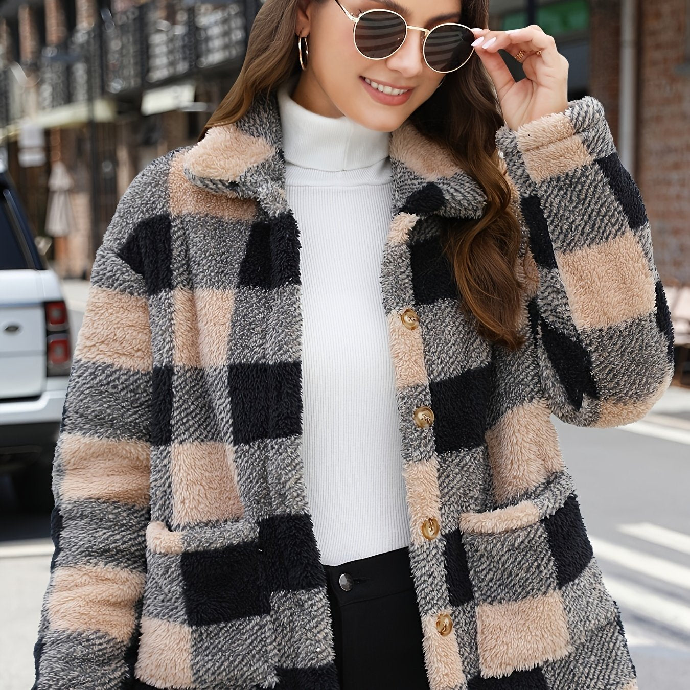 Long Sleeve Plaid Print Teddy Coat with Patched Pockets - Soft, Warm,